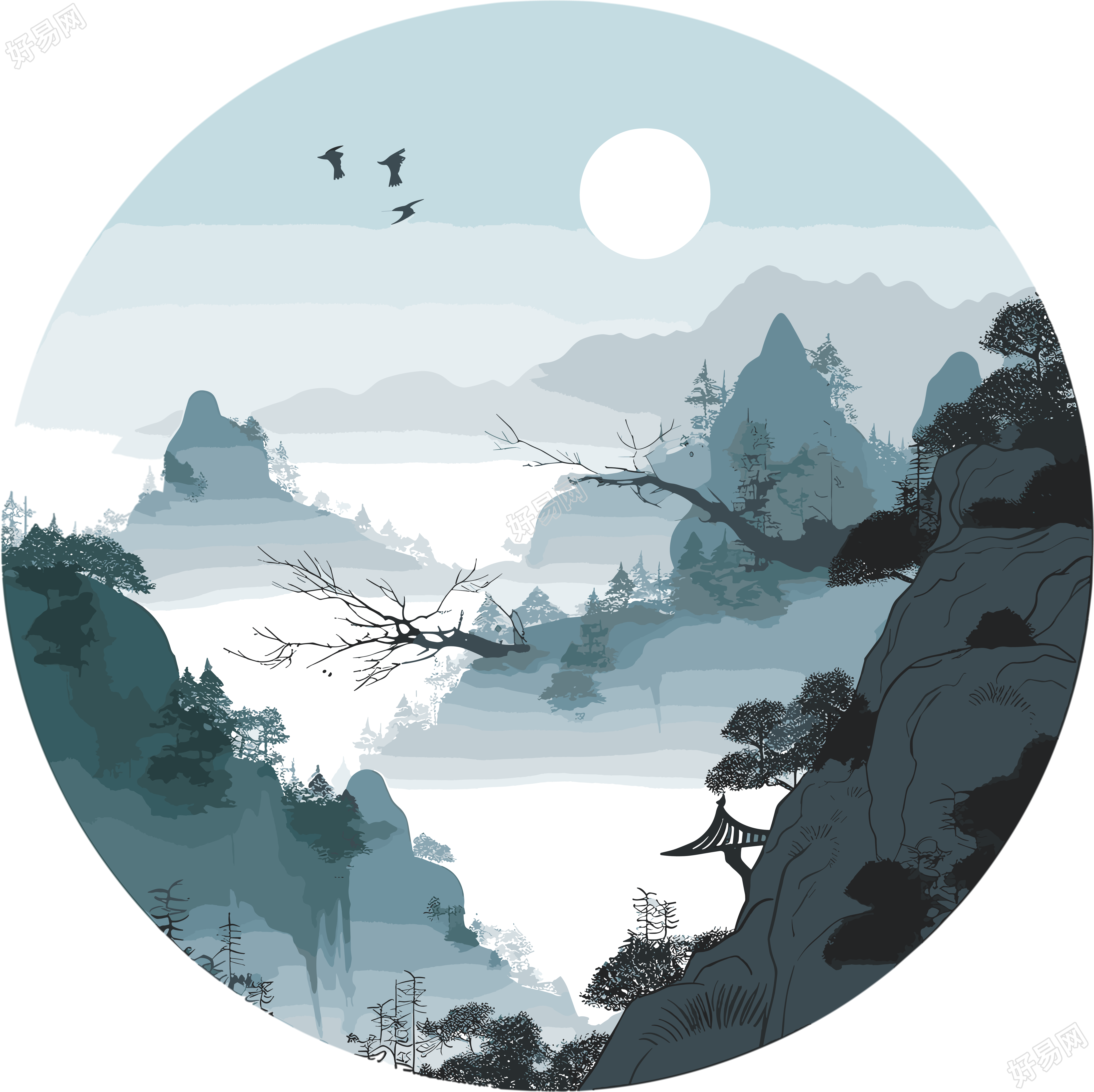 国潮风远山扁平插画