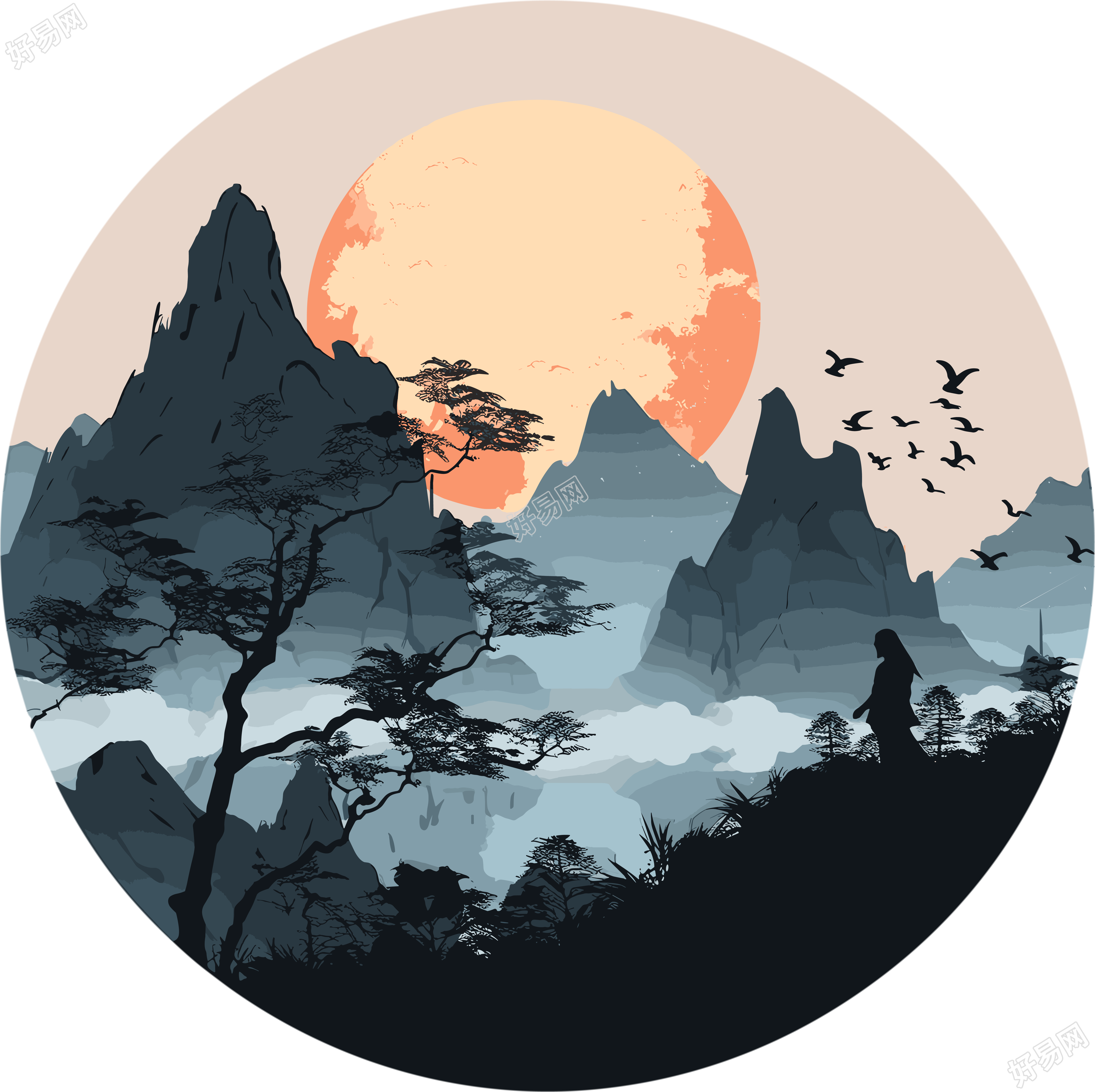 国潮风远山透明背景插画