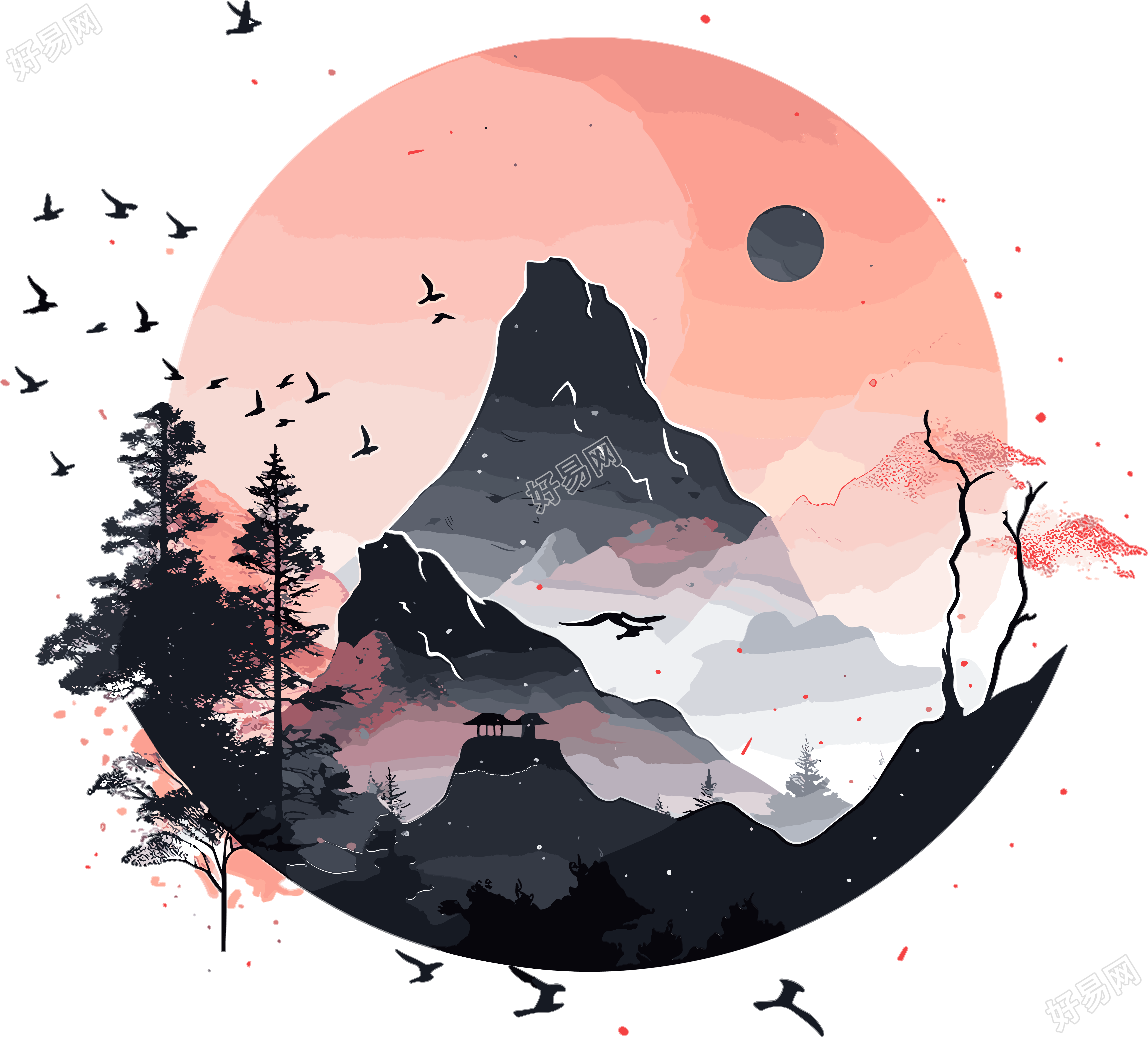 国潮风远山创意元素