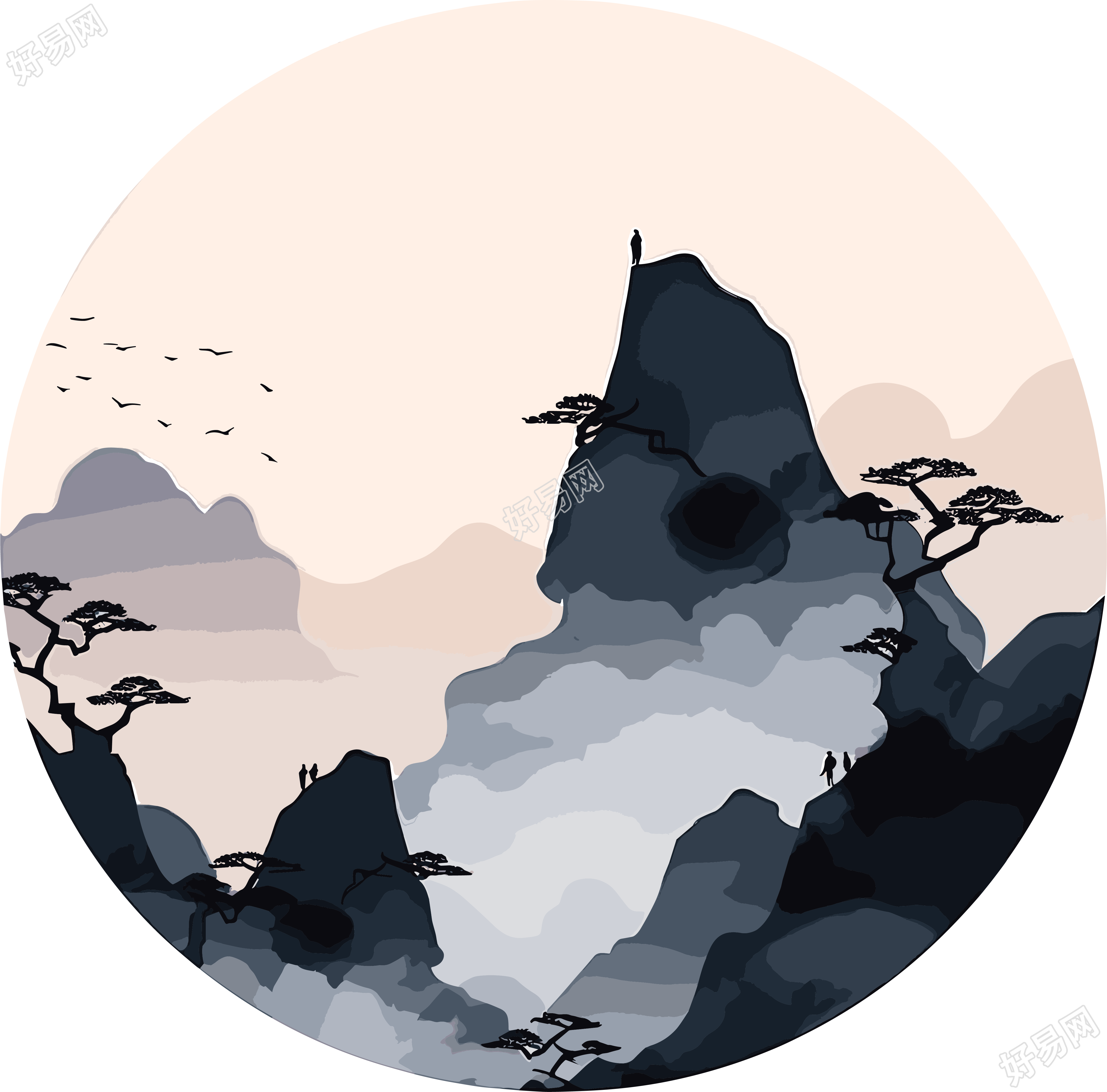 国潮风远山高清插画素材