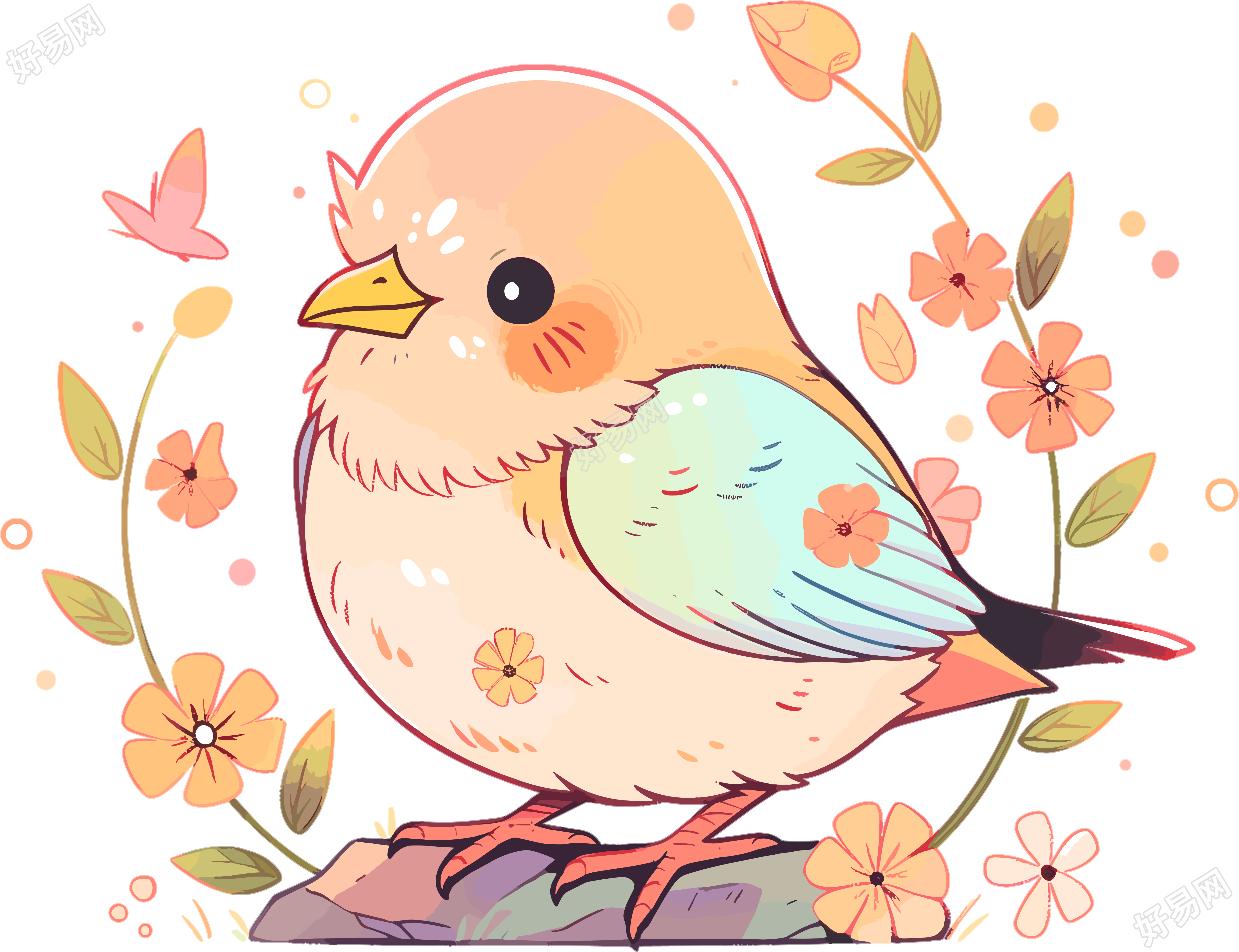 彩色小鸟手绘插画风格素材