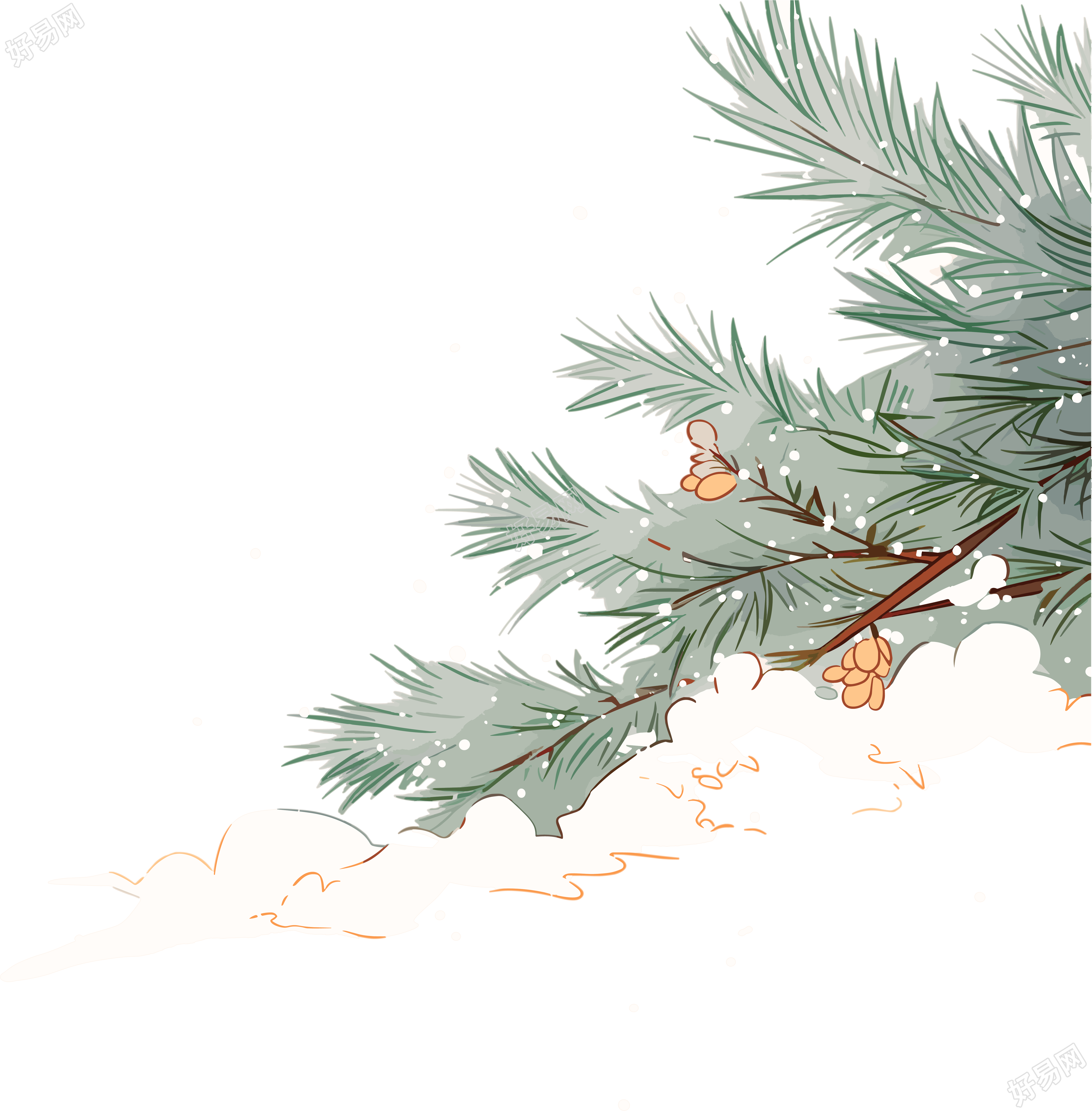 松枝雪花简约插画
