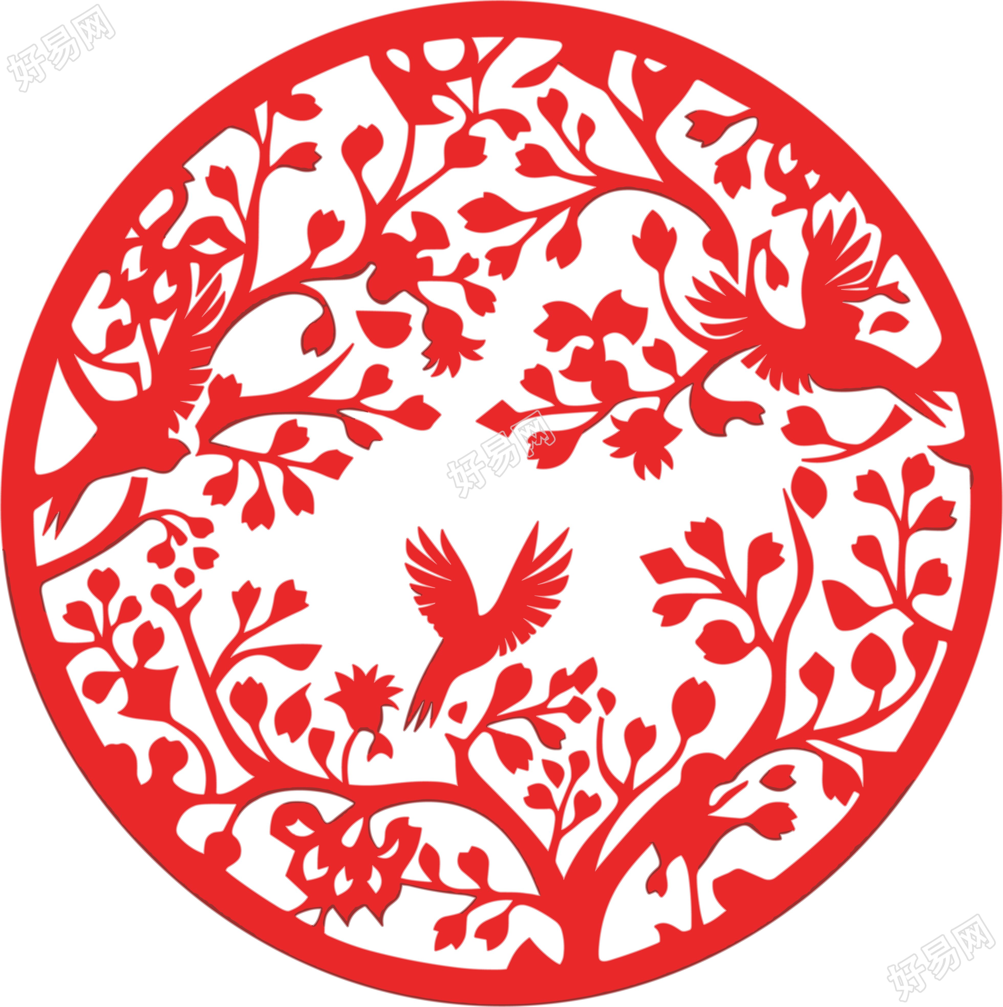 红色剪纸花鸟简约插图