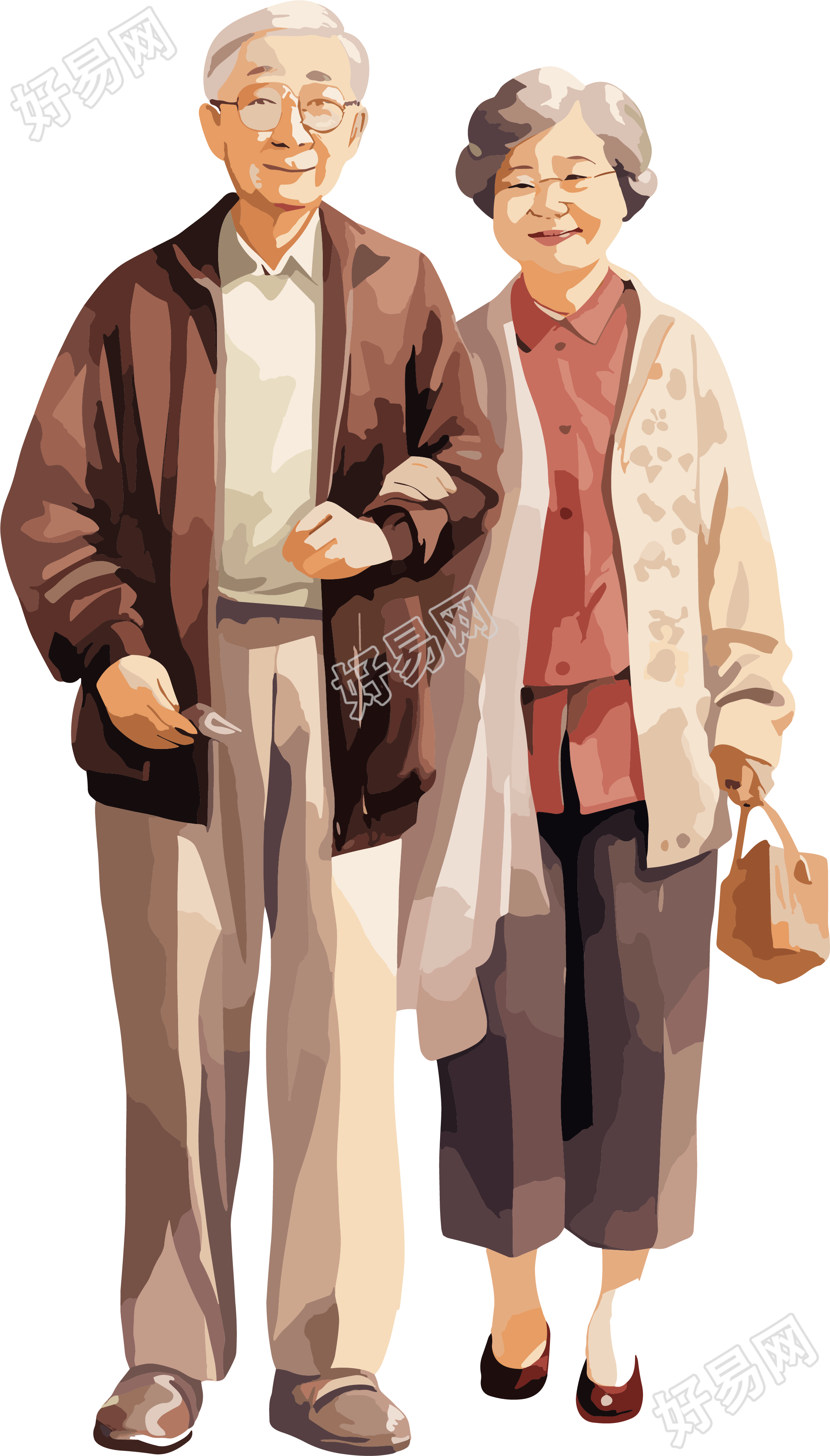 亚洲老夫妇简约高清透明背景插画