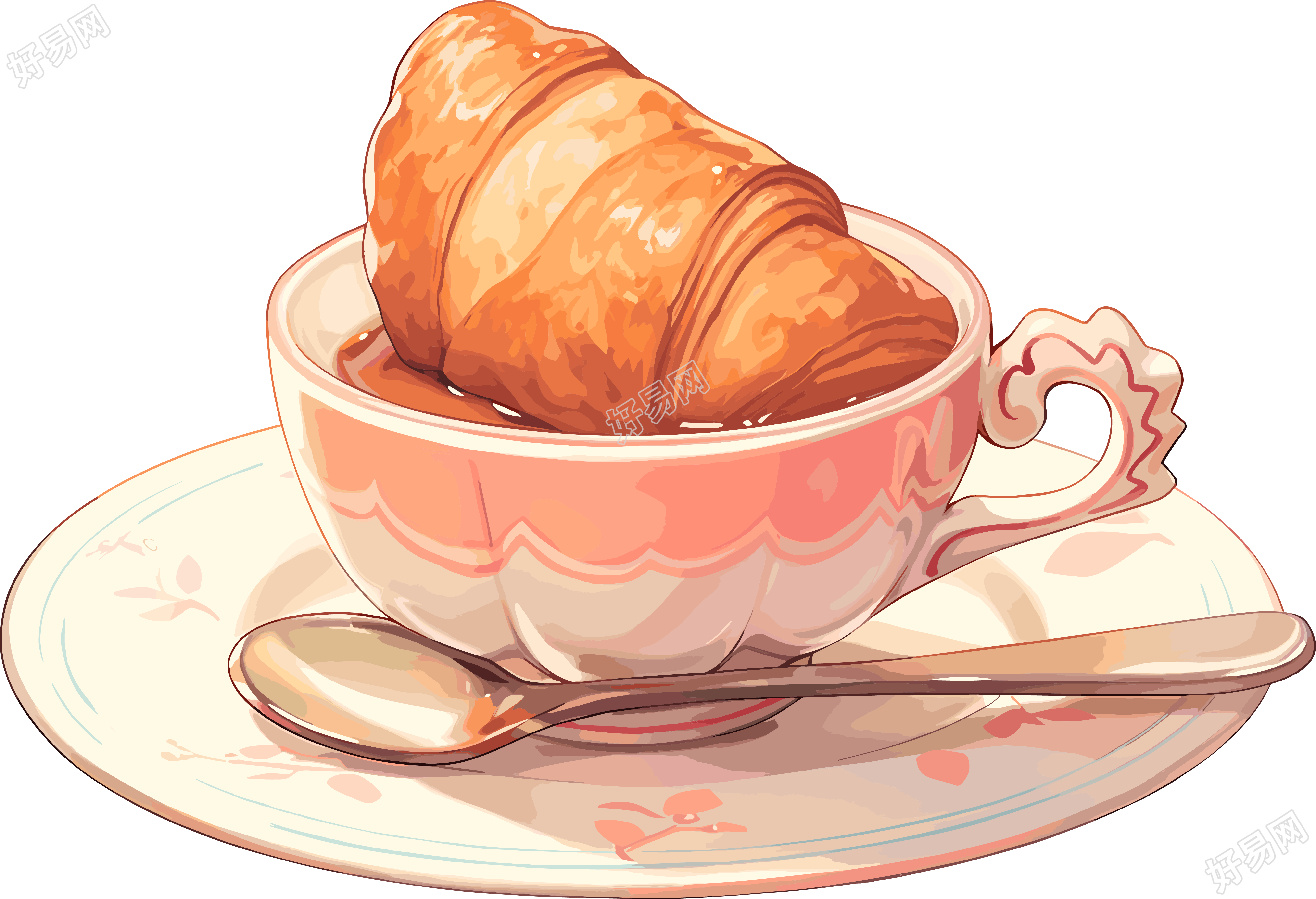 牛角包咖啡插画设计元素