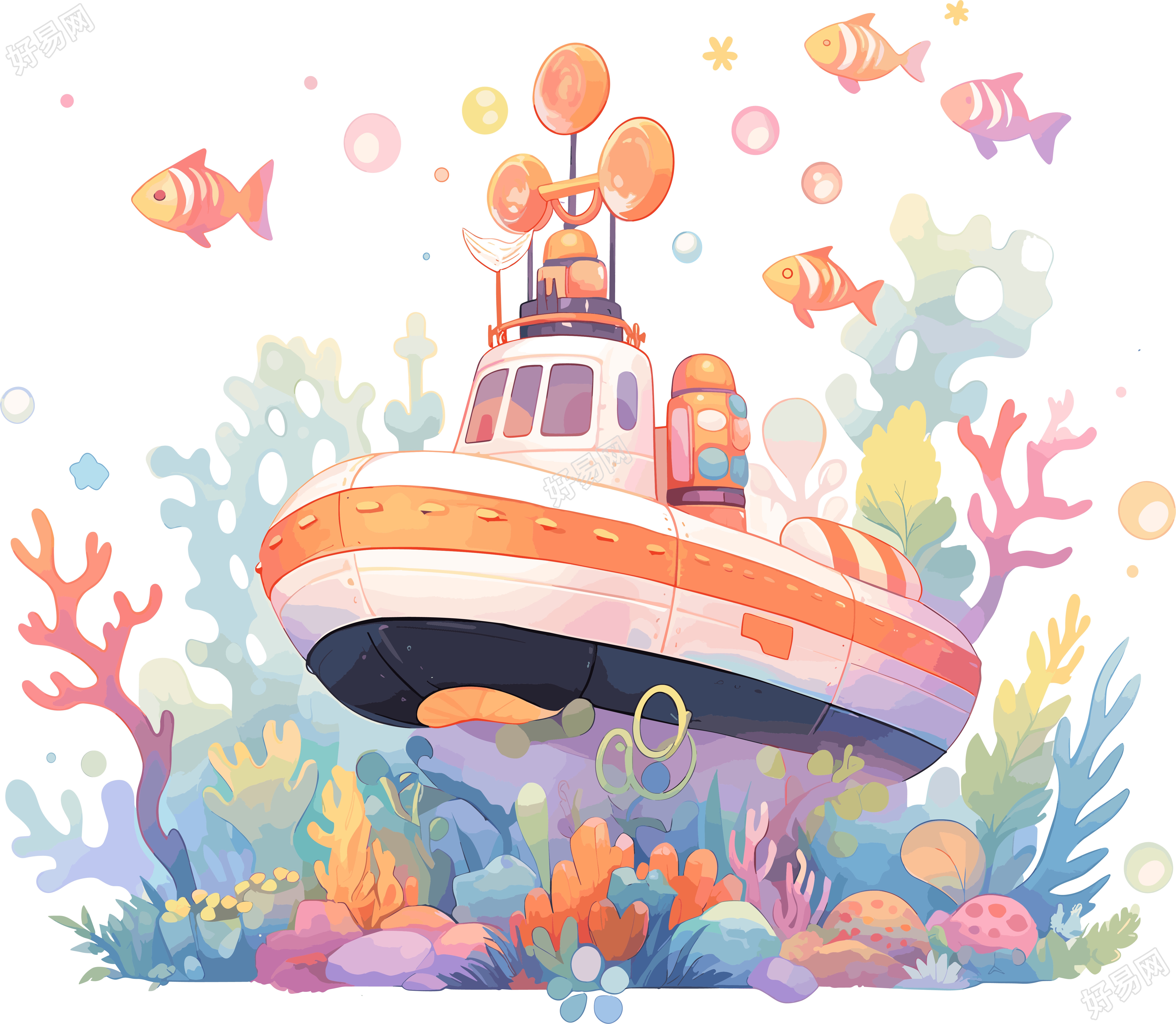 潜水艇珊瑚插画设计素材