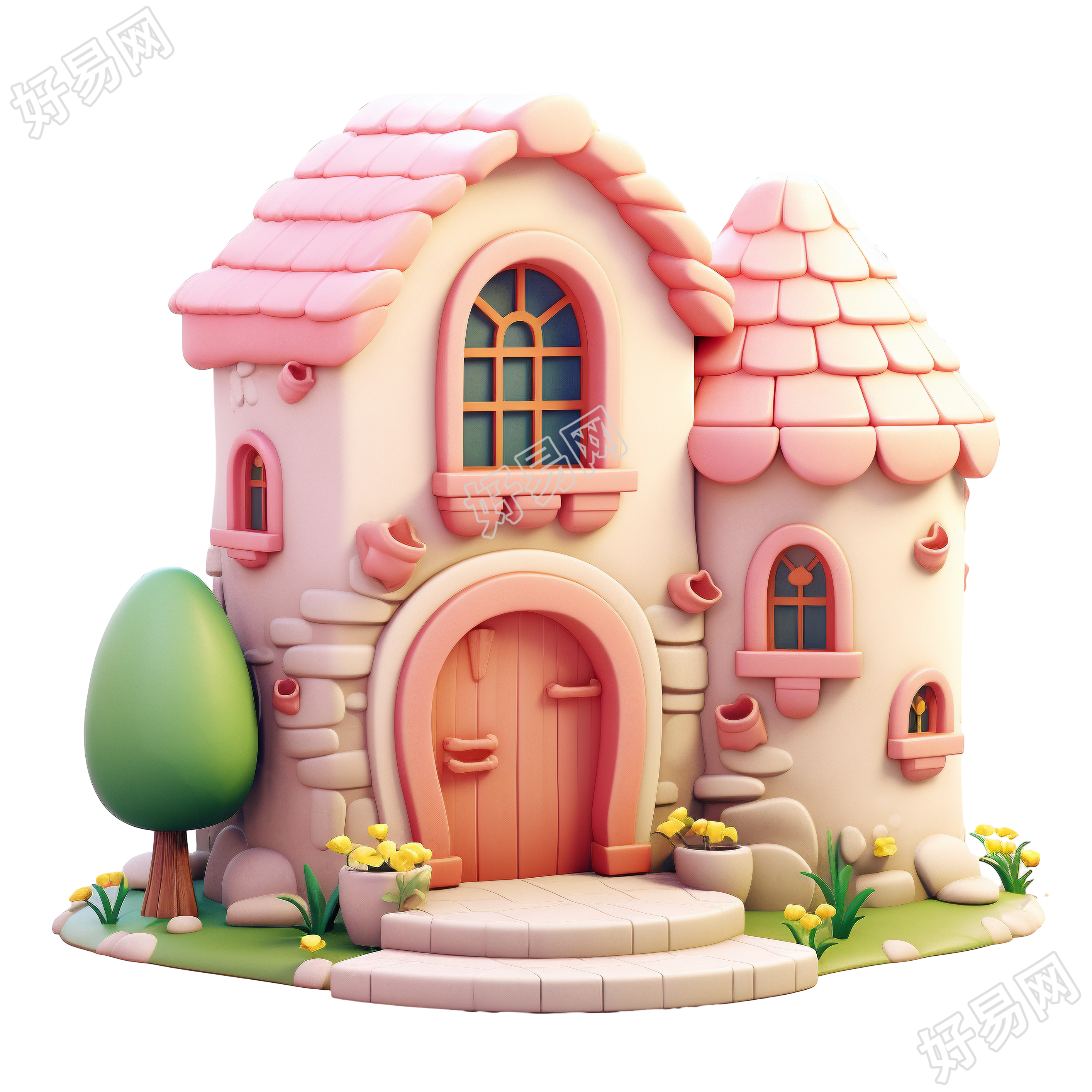 3D粉色小房子元素