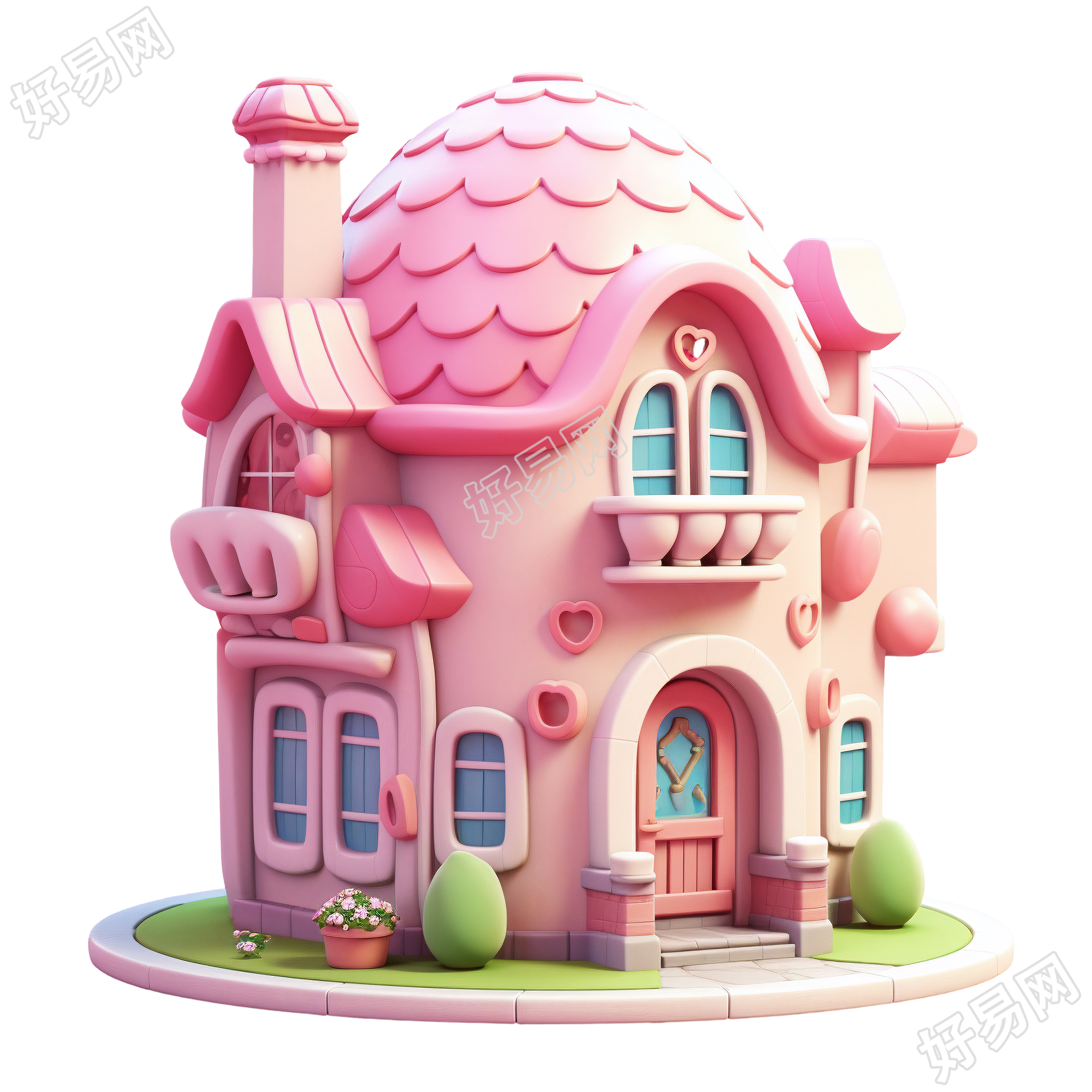 3D粉色小房子卡通插图