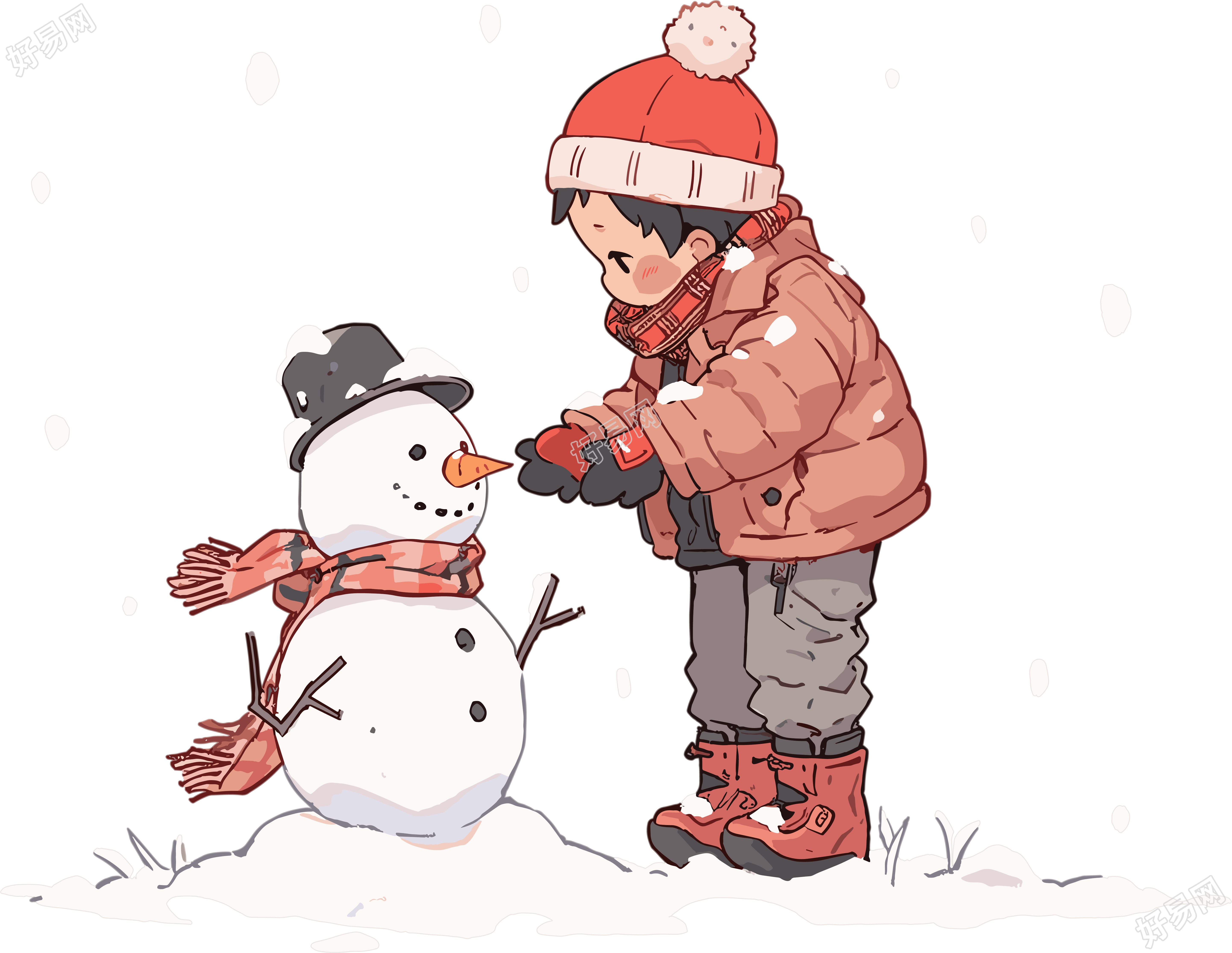 堆雪人的小男孩插图