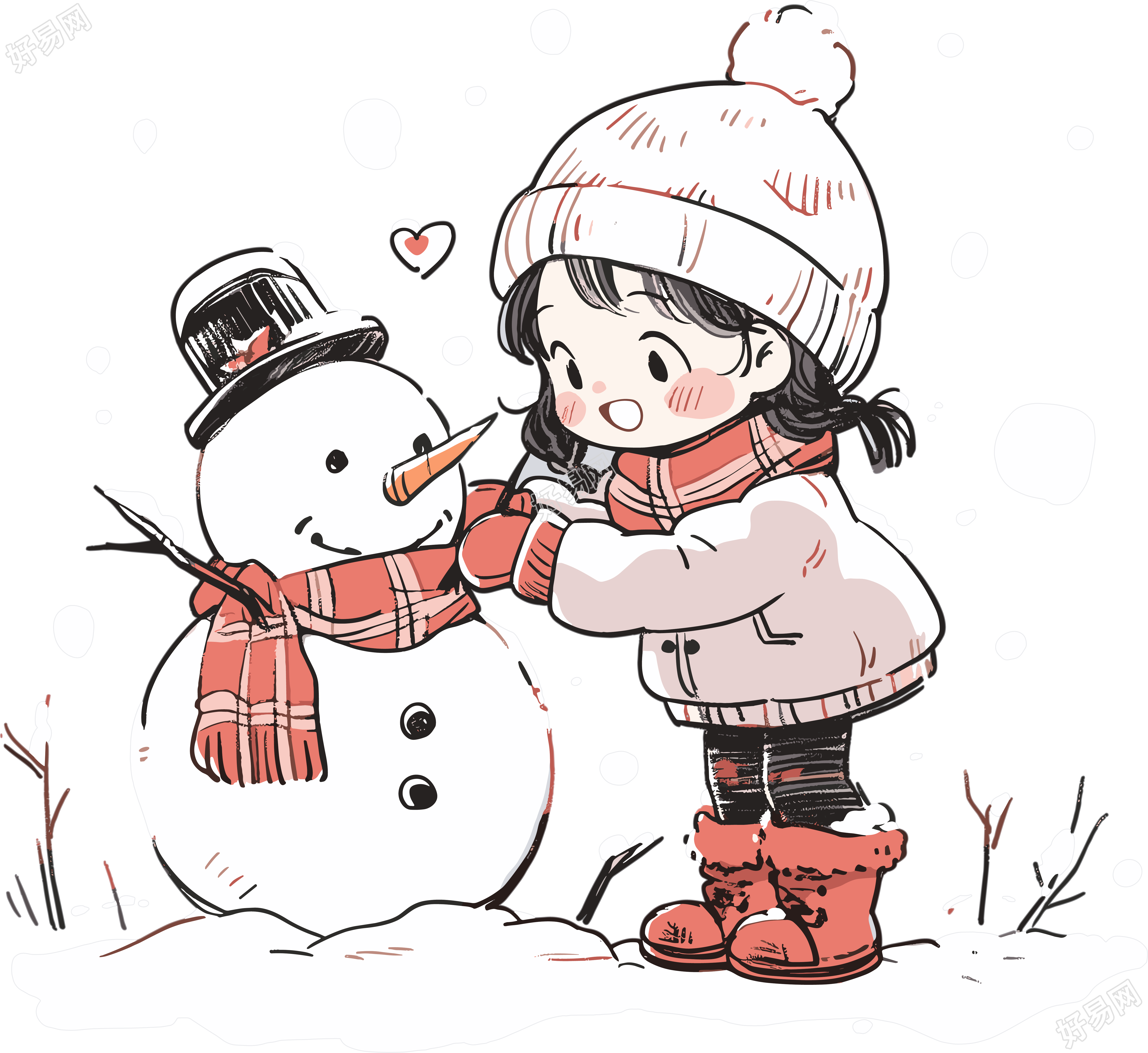 堆雪人的小女孩透明背景素材