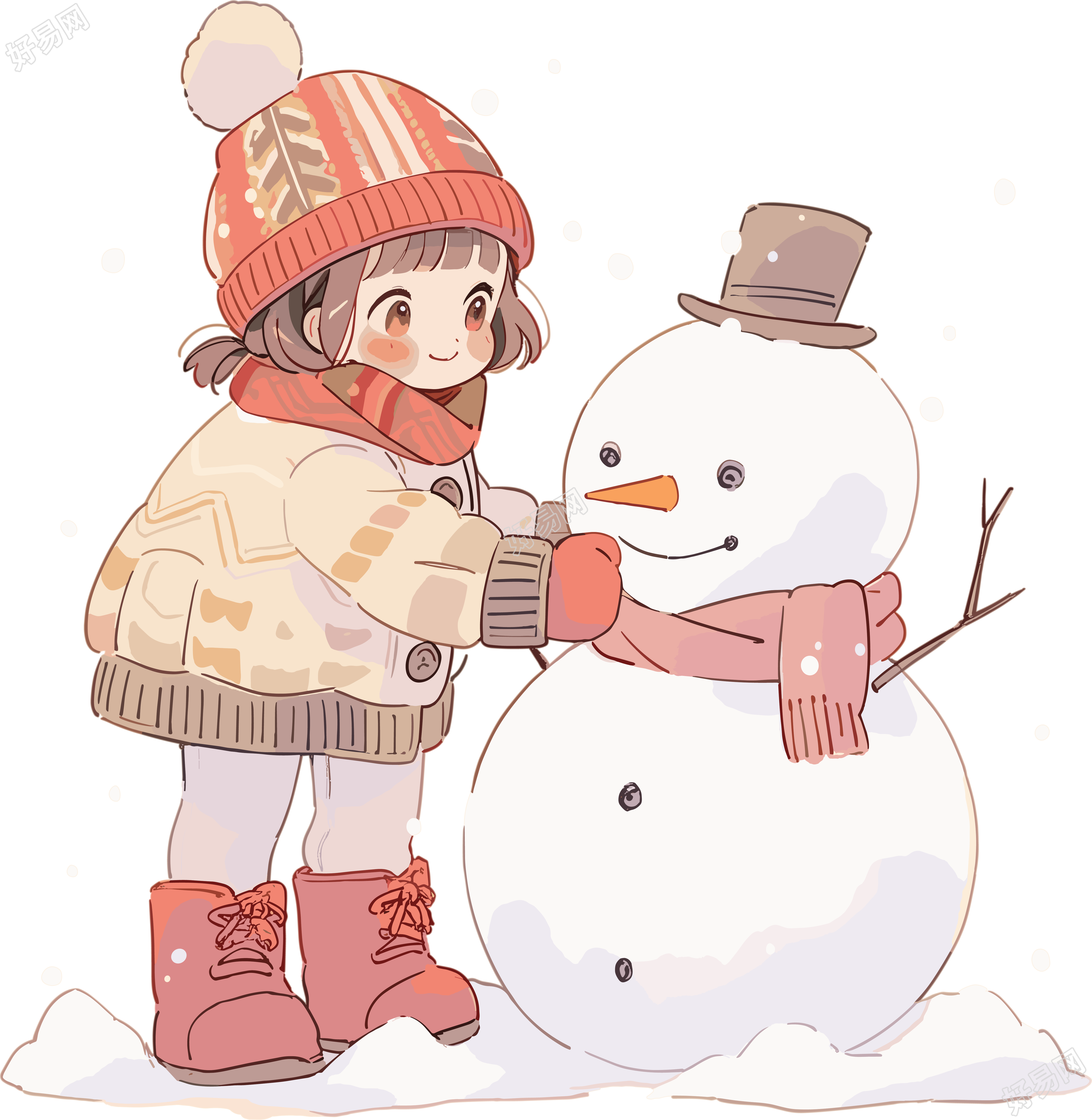 堆雪人的小女孩欢快雪天插画