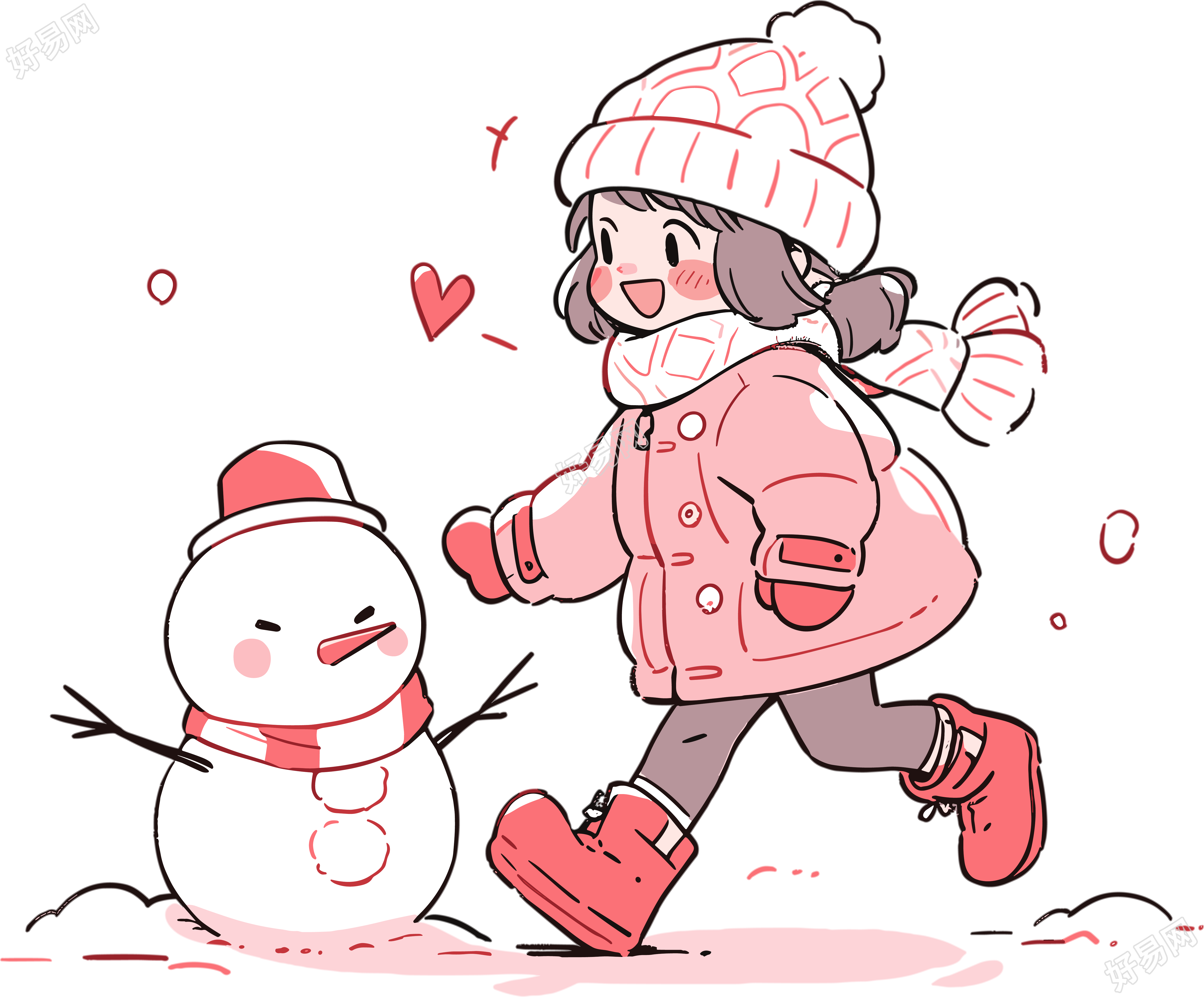 堆雪人的小女孩可爱插图