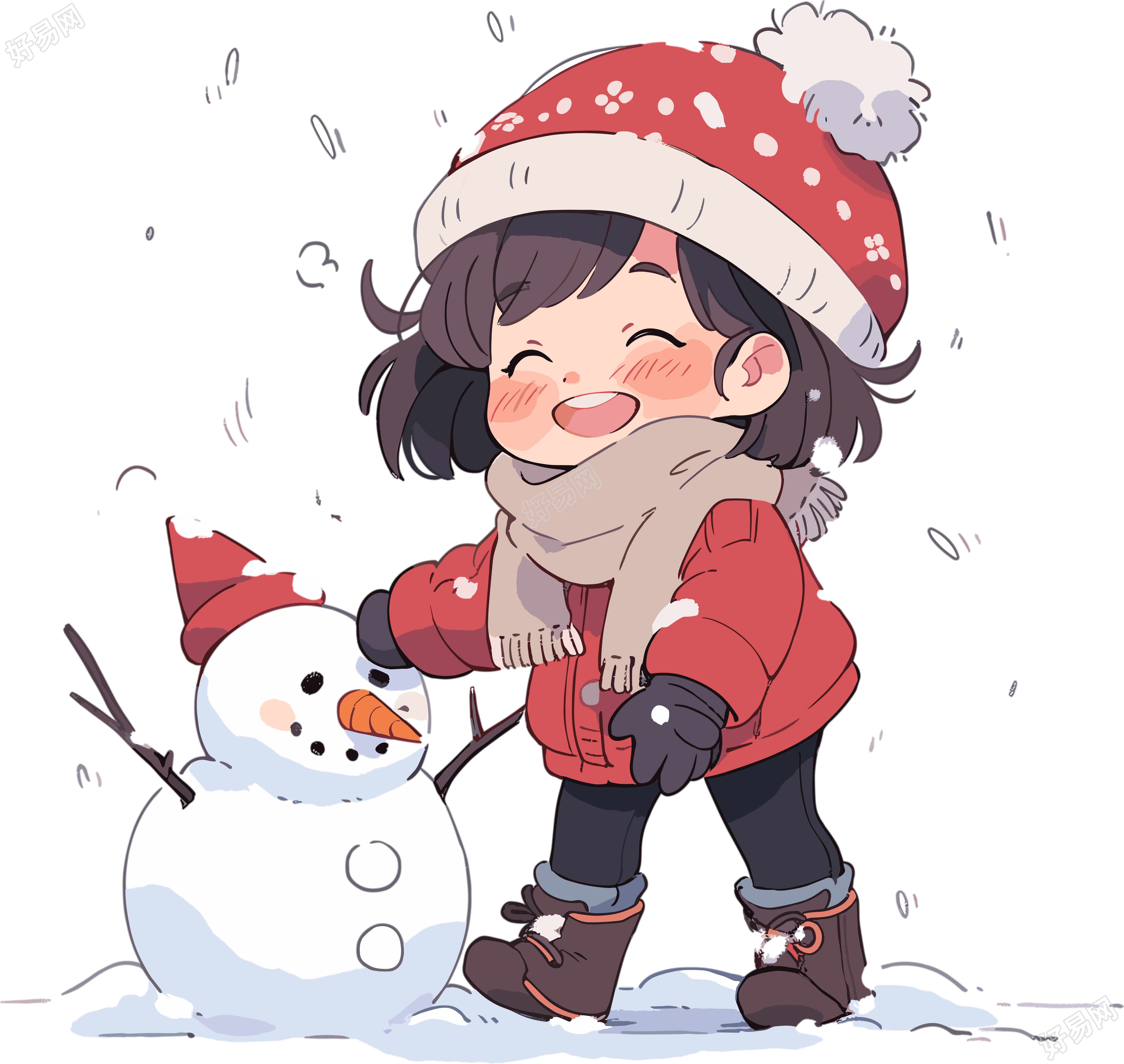 堆雪人的小女孩快乐雪天插画