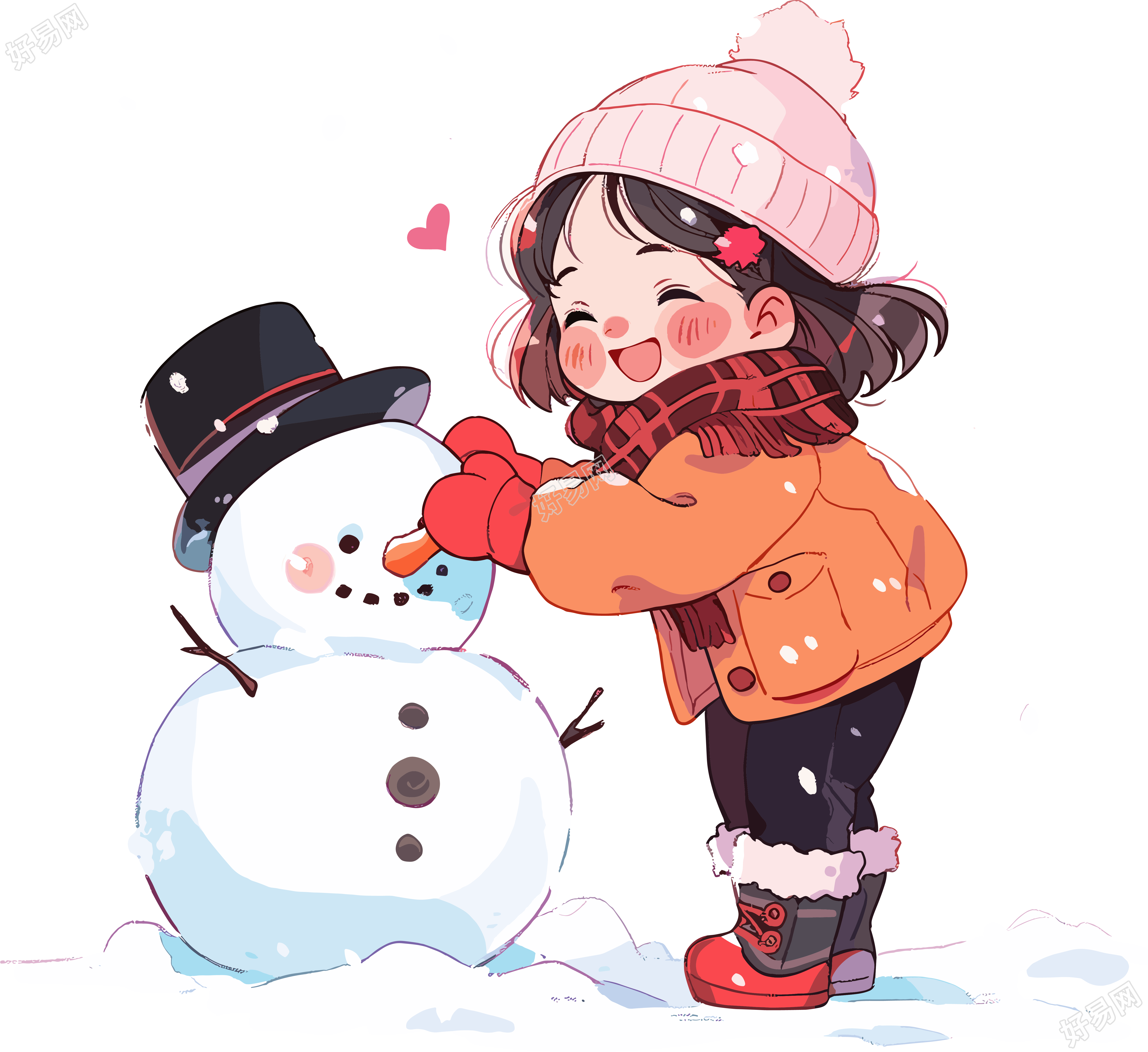 堆雪人的小女孩开心素材