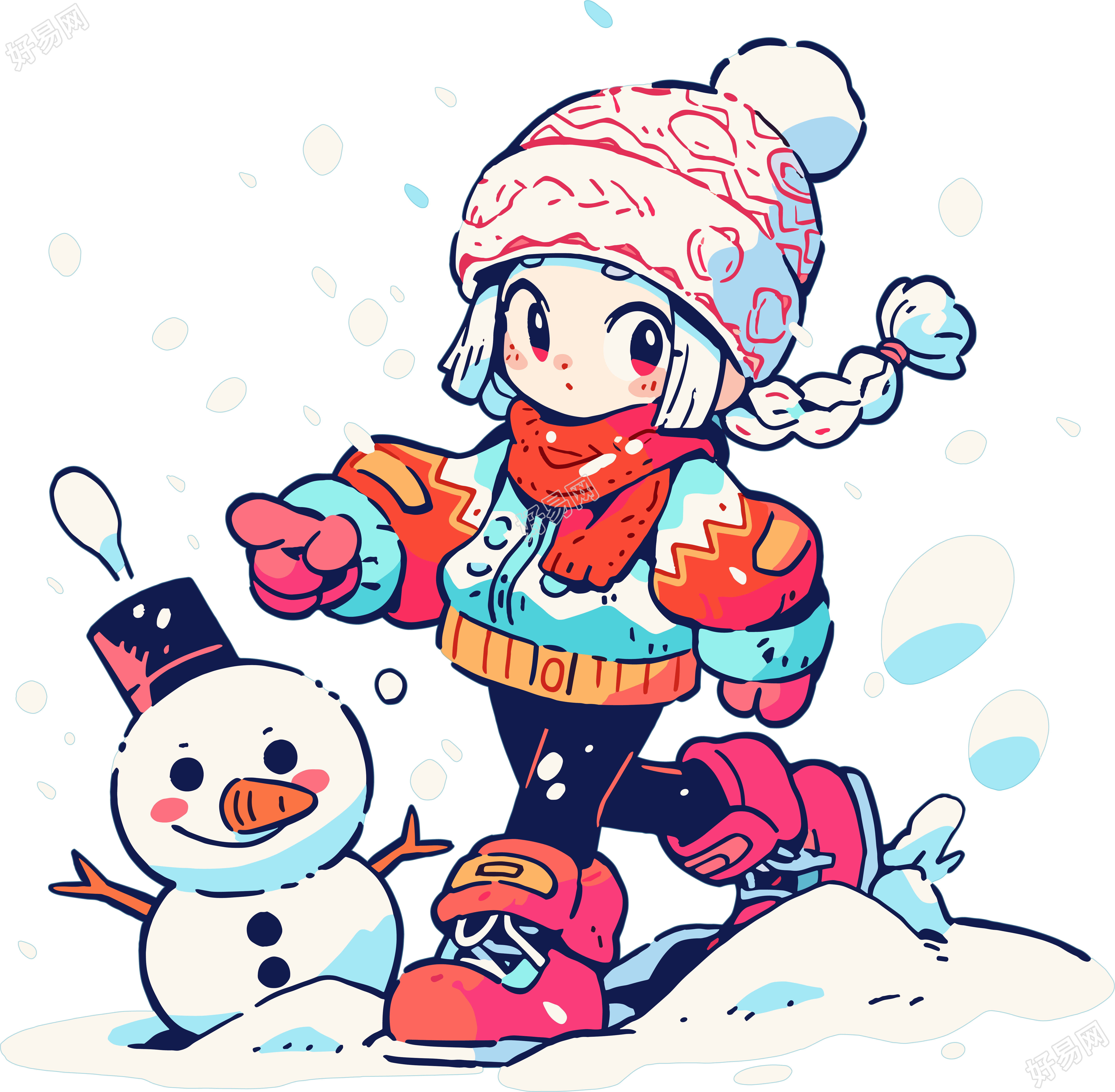 堆雪人的小女孩欢快的雪天场景素材