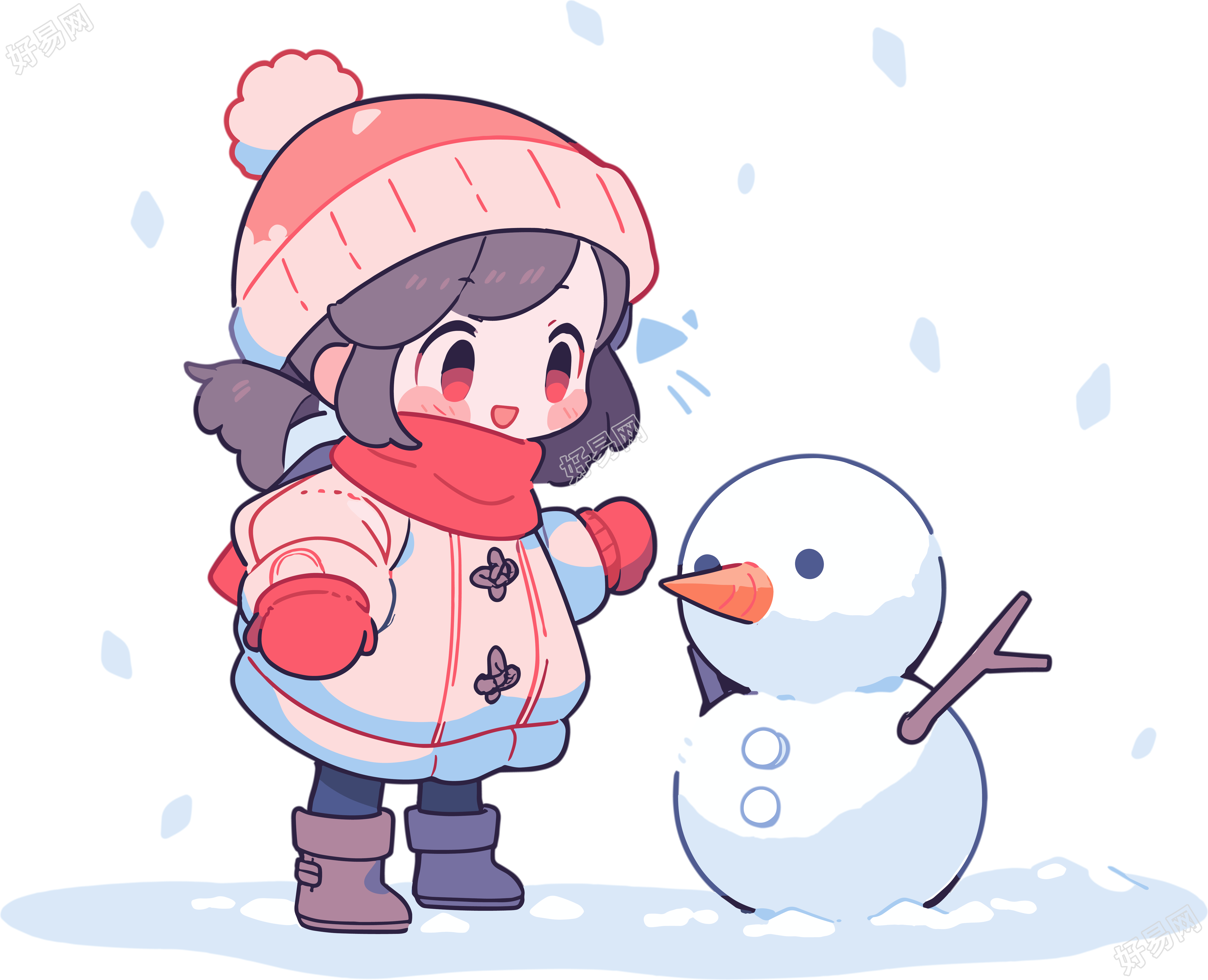 堆雪人的小女孩冬天创意设计元素