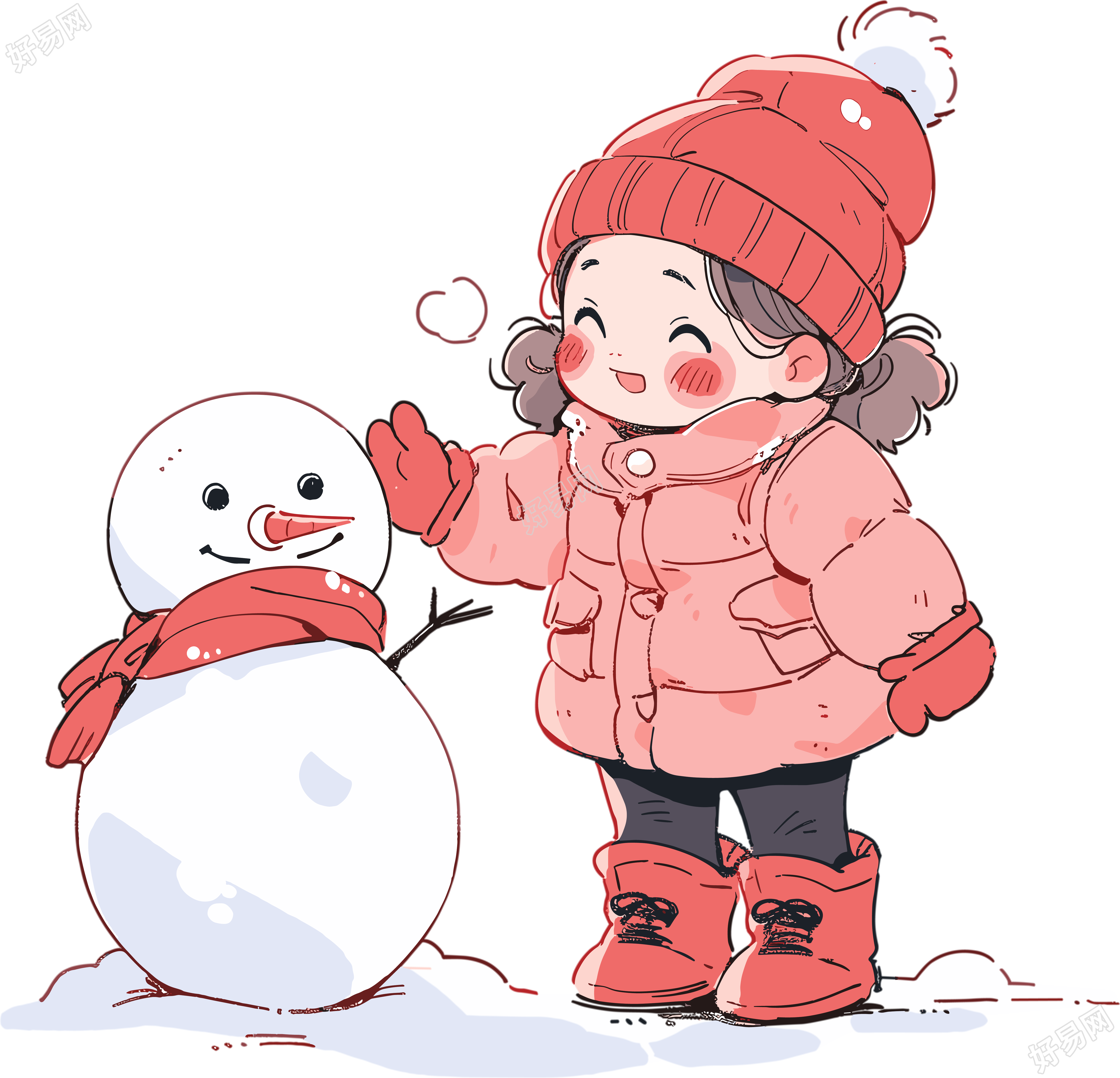 堆雪人的小女孩穿着羽绒服素材