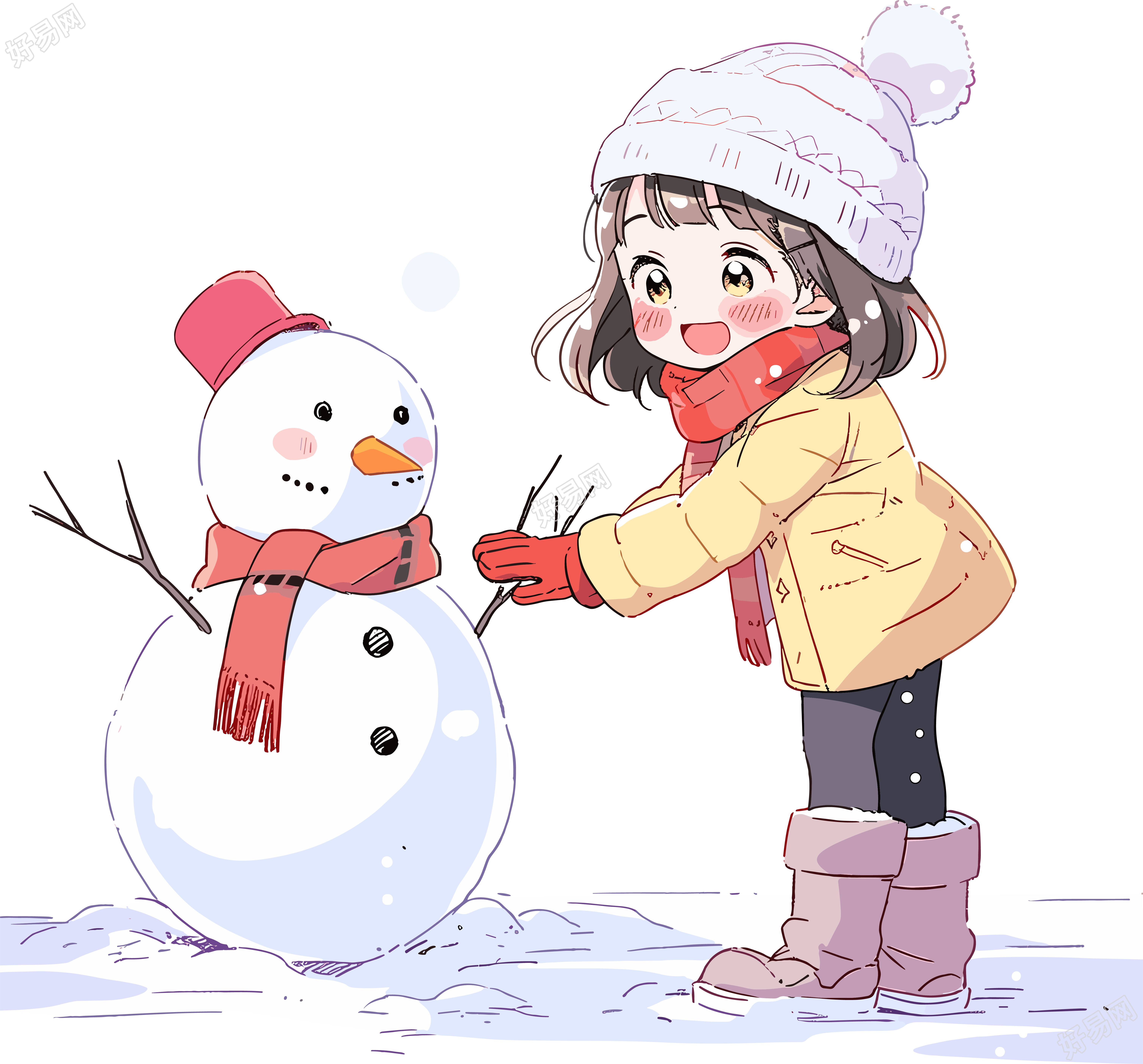 堆雪人的小女孩高清PNG素材