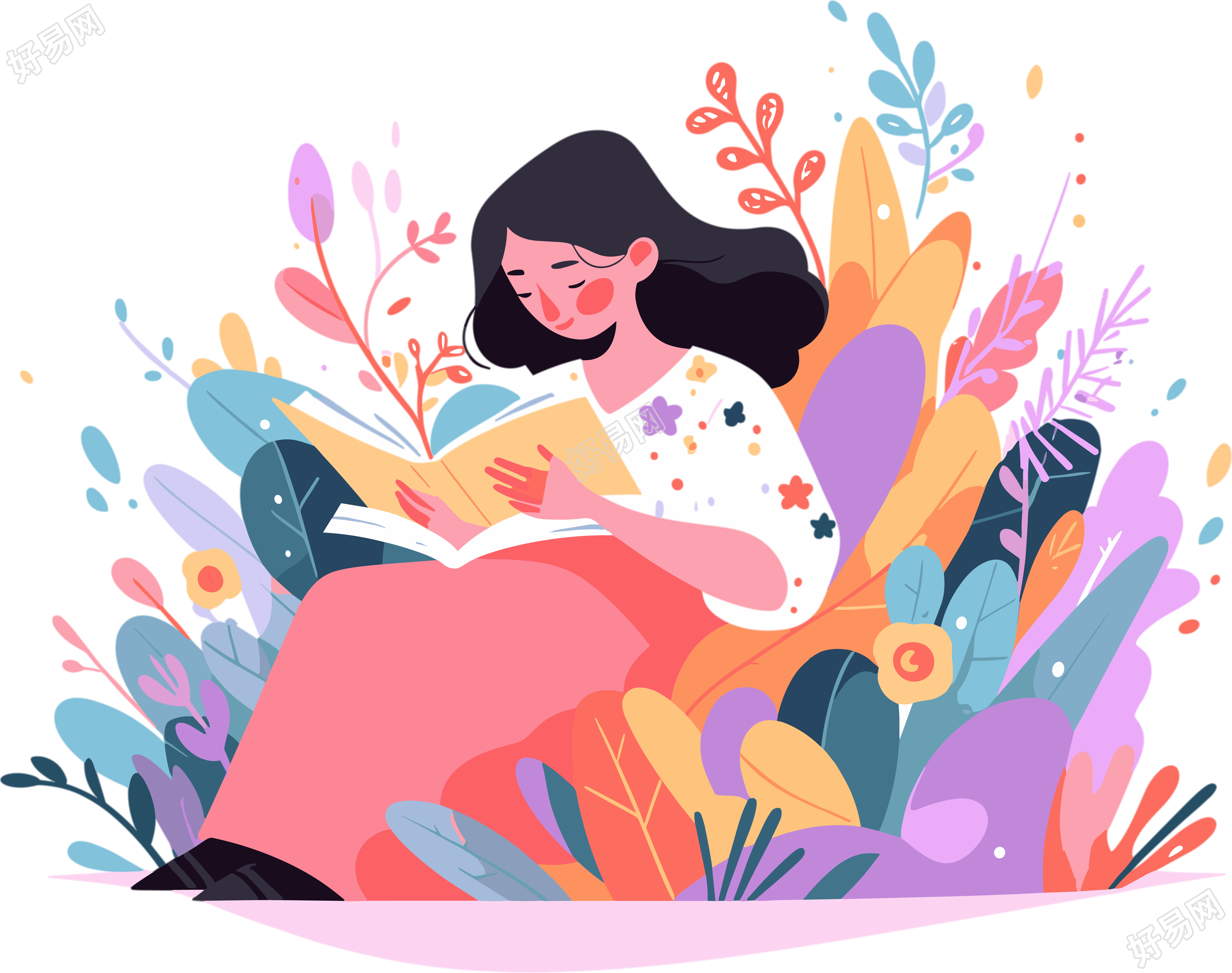 阅读女孩透明背景插图