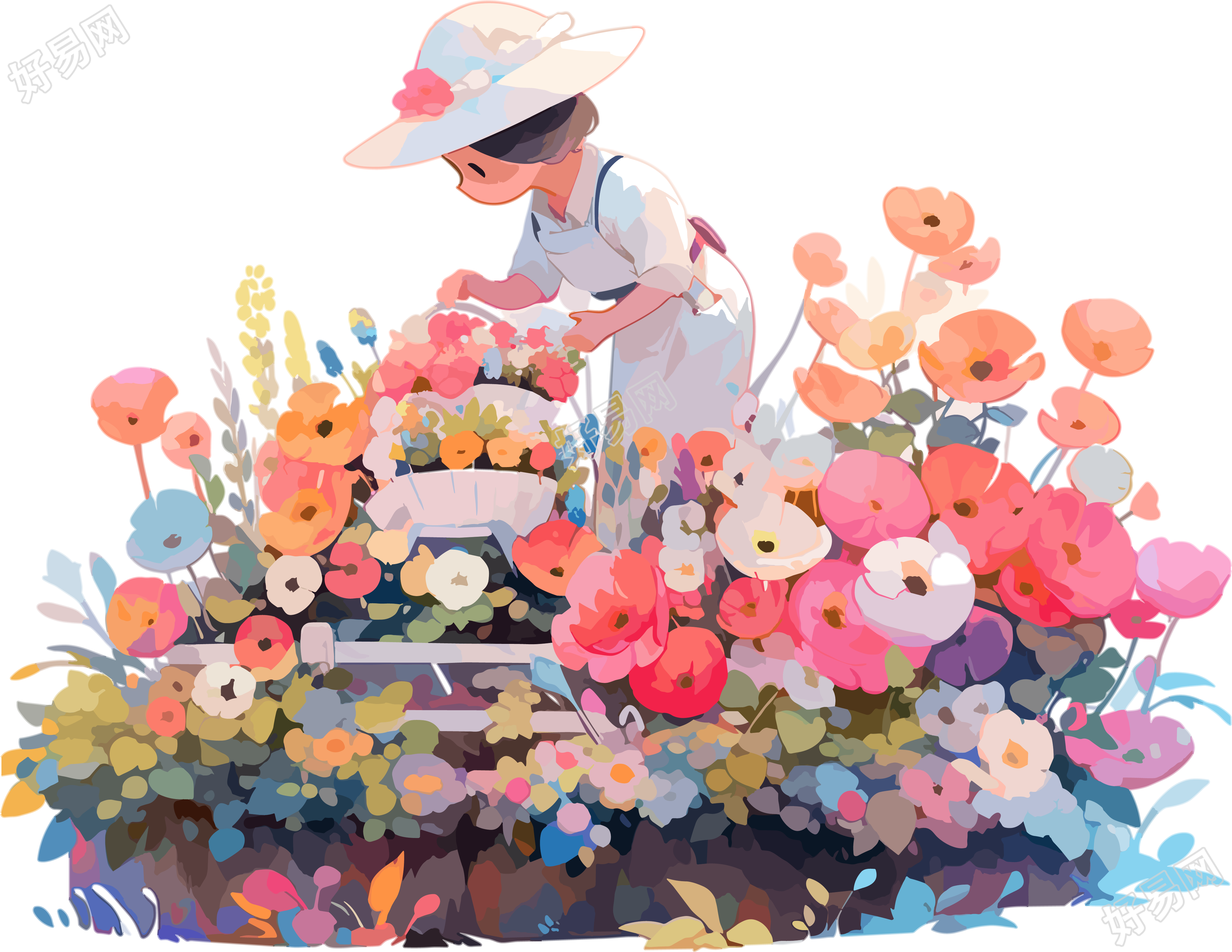 女生与植物的2D图形插画
