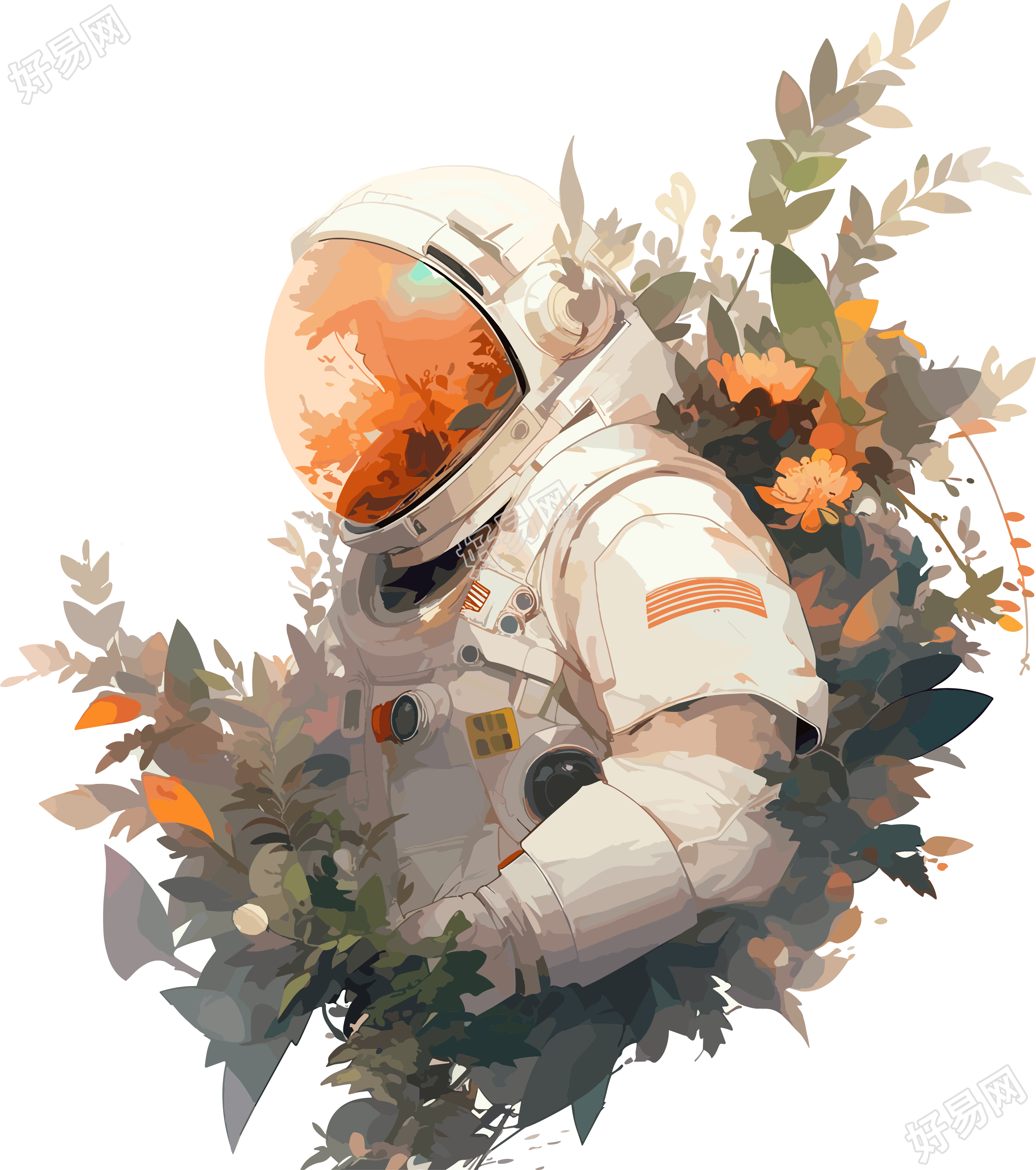 宇航员和植物插画设计素材