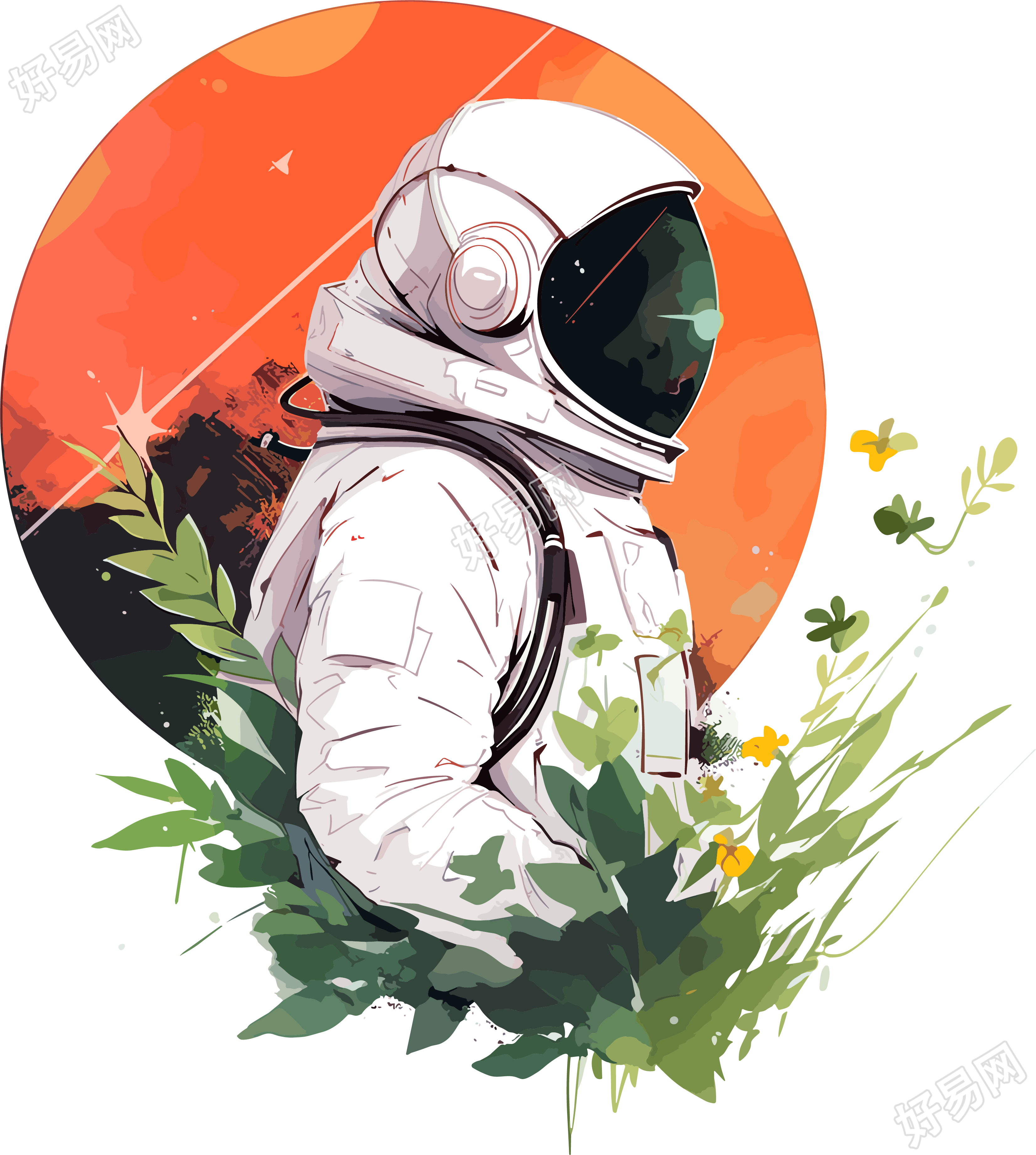 宇航员和植物商用图形插画
