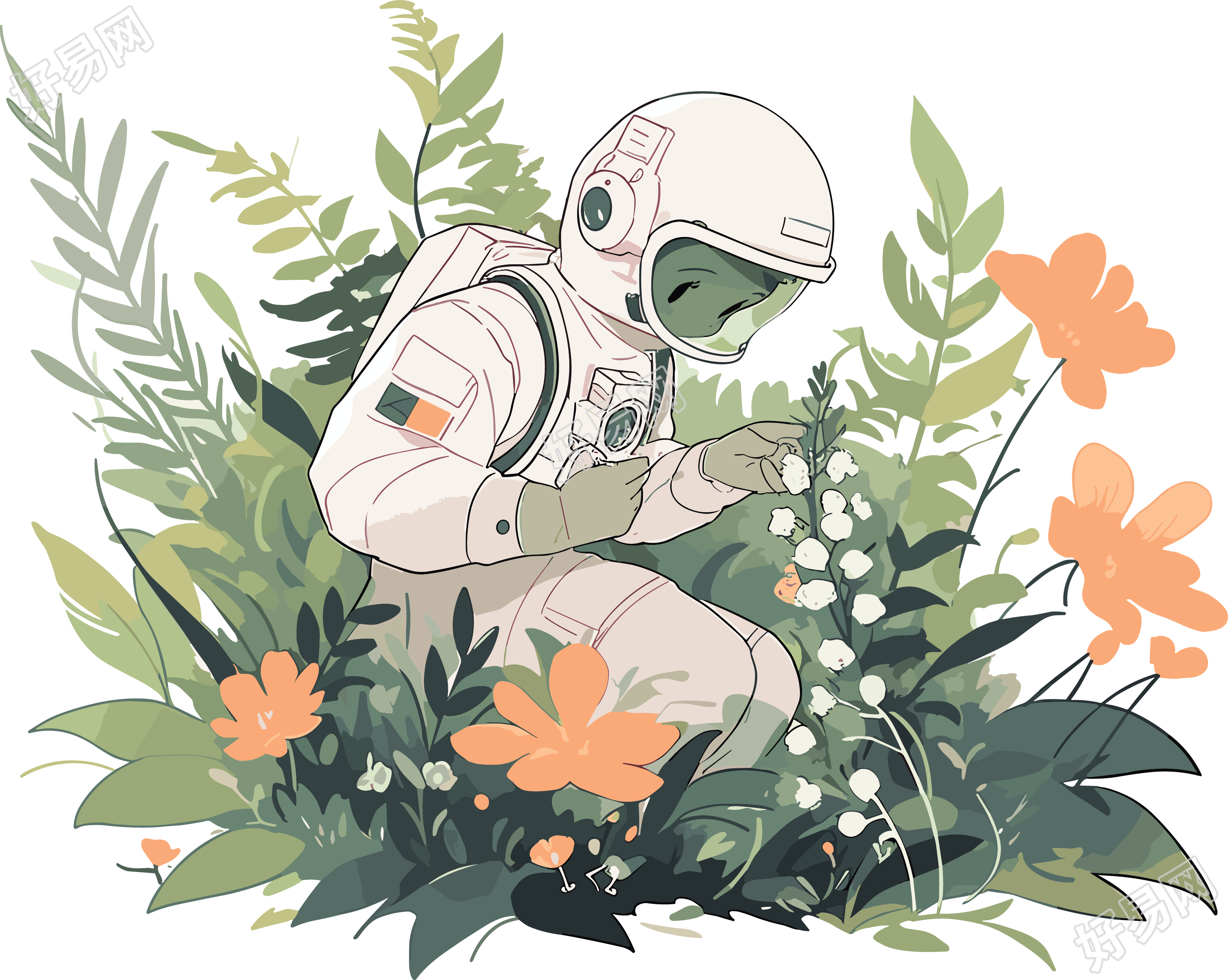 宇航员和植物商业插图