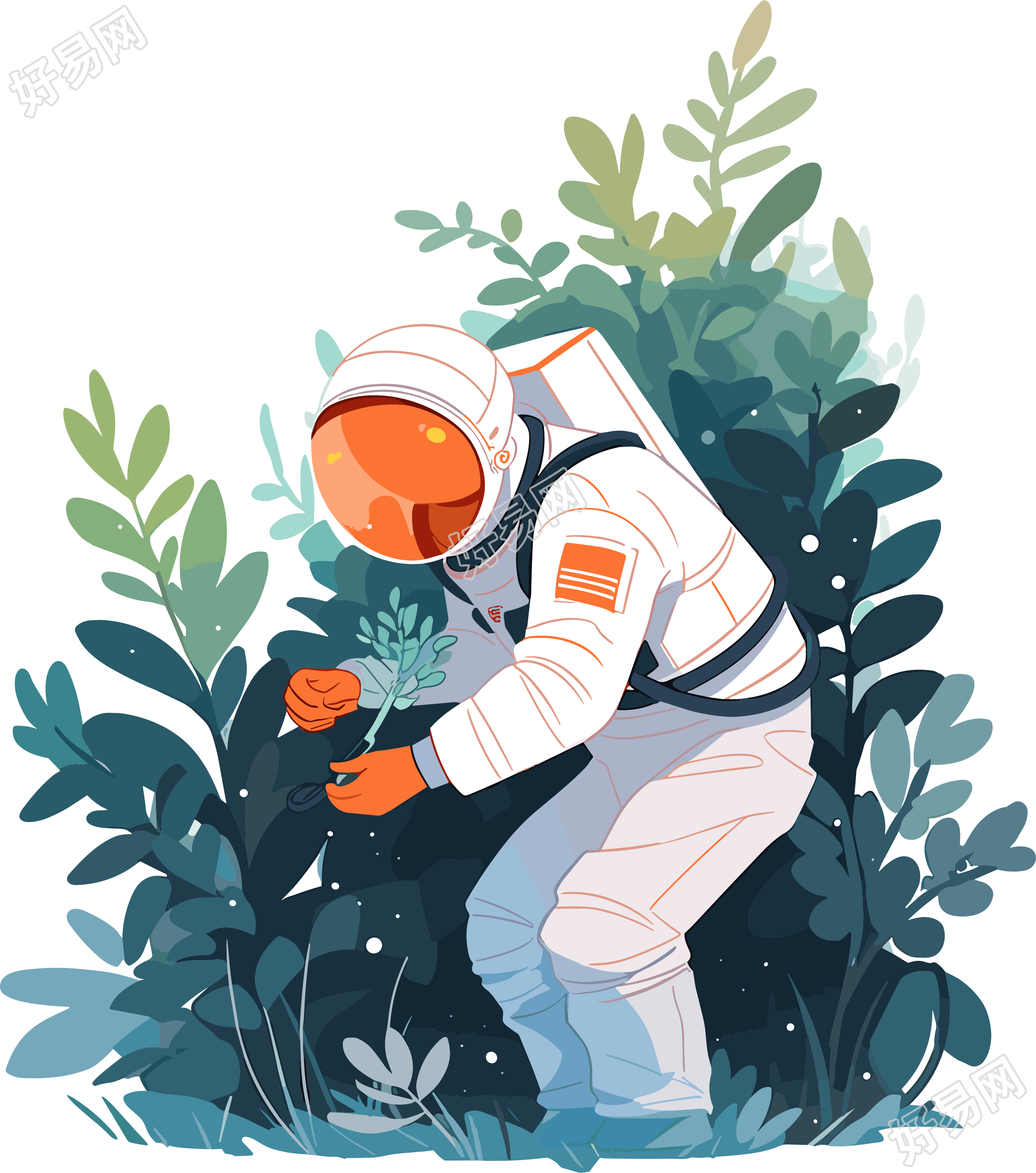 宇航员和植物明亮清爽2D图形插画