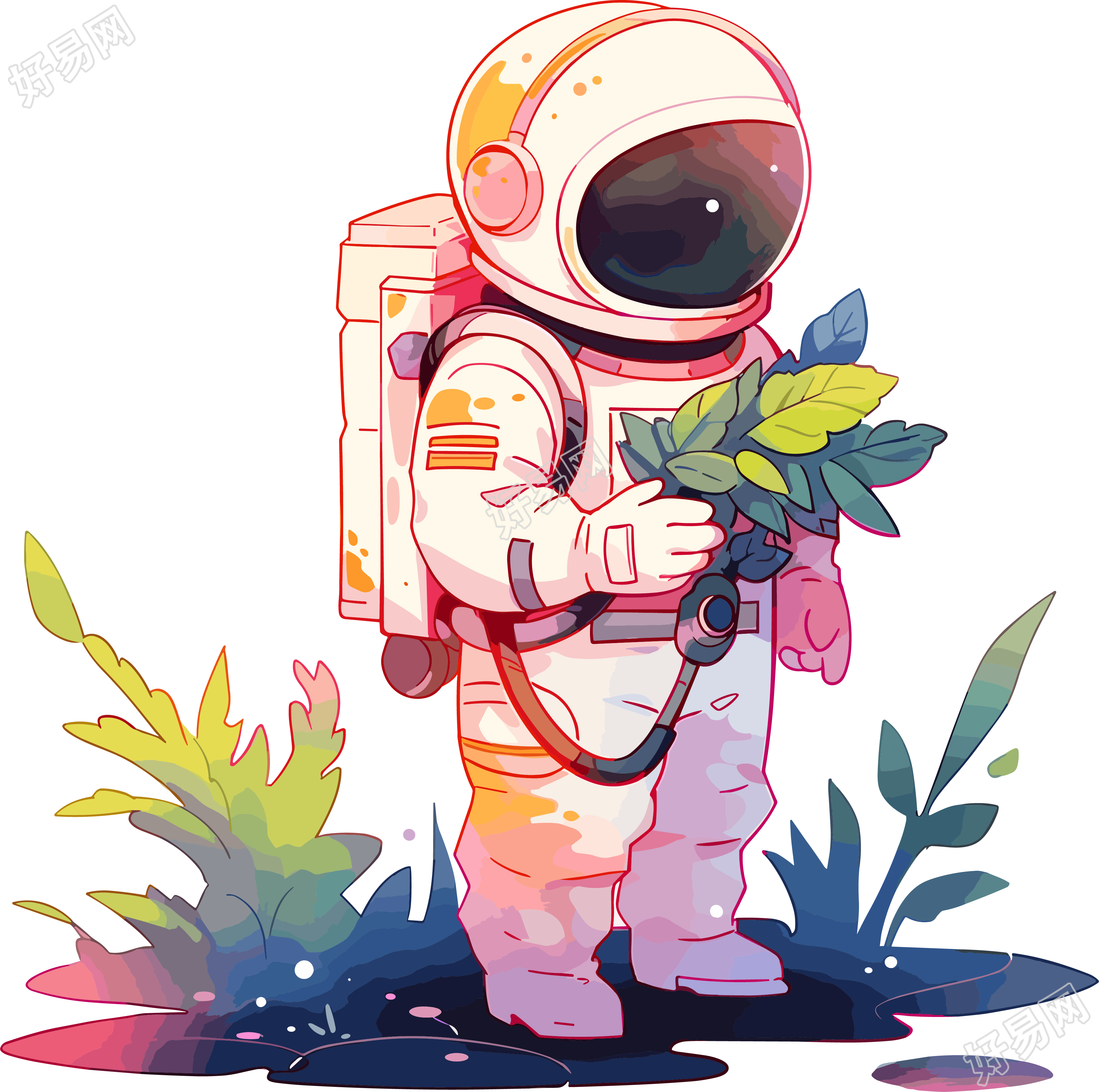 宇航员和植物图形元素设计