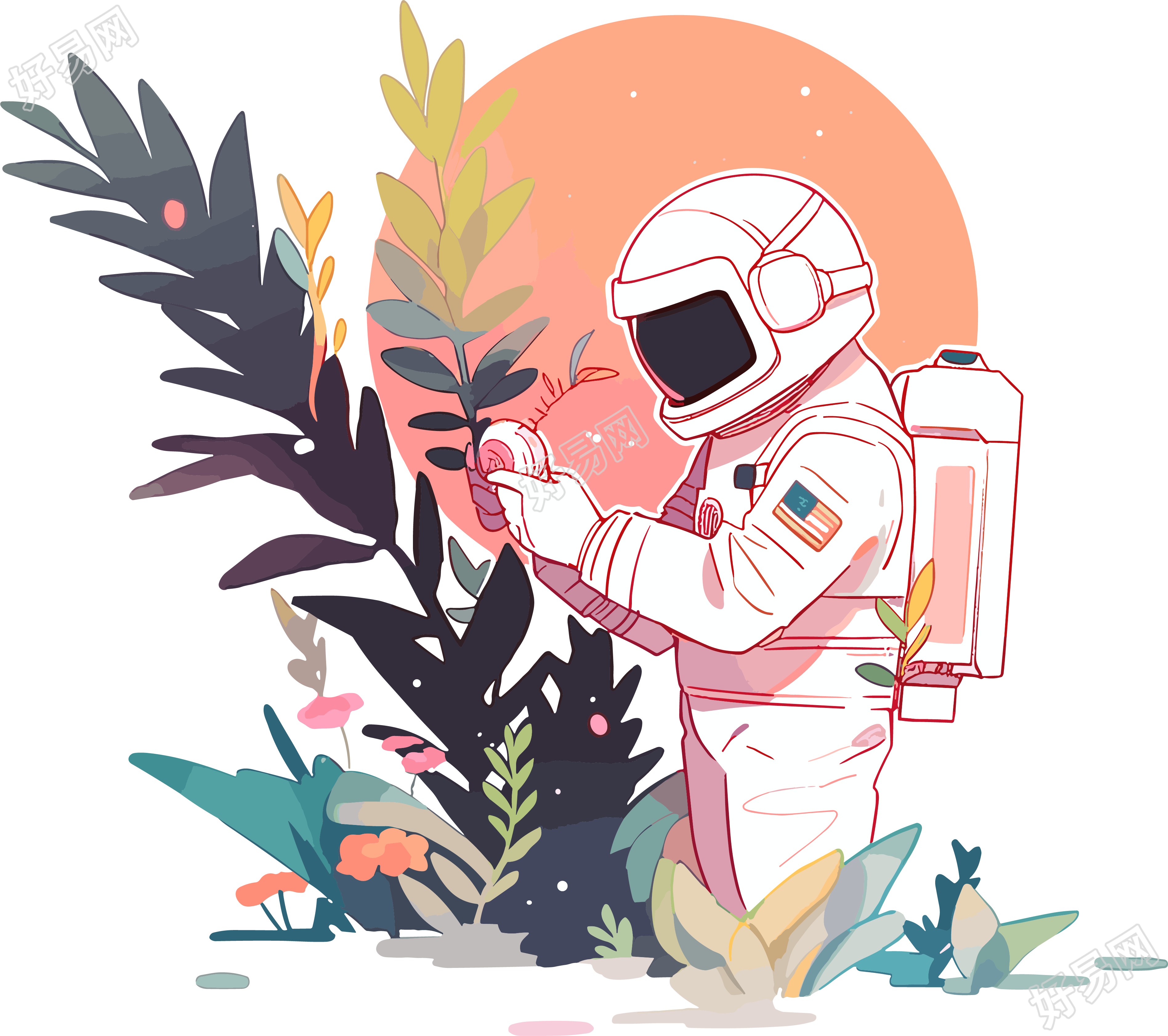 宇航员和植物透明背景插图