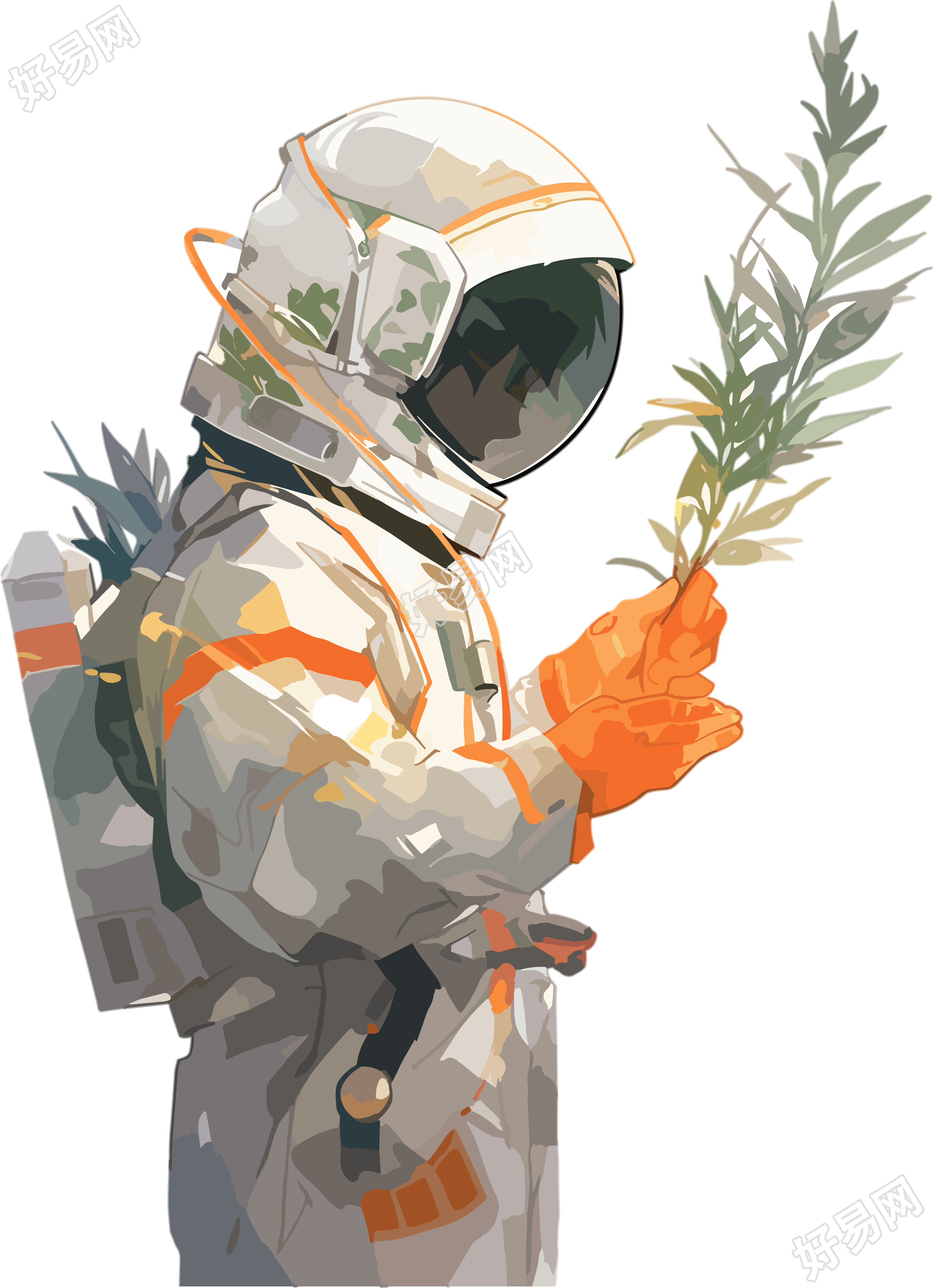 宇航员和植物明亮图形元素