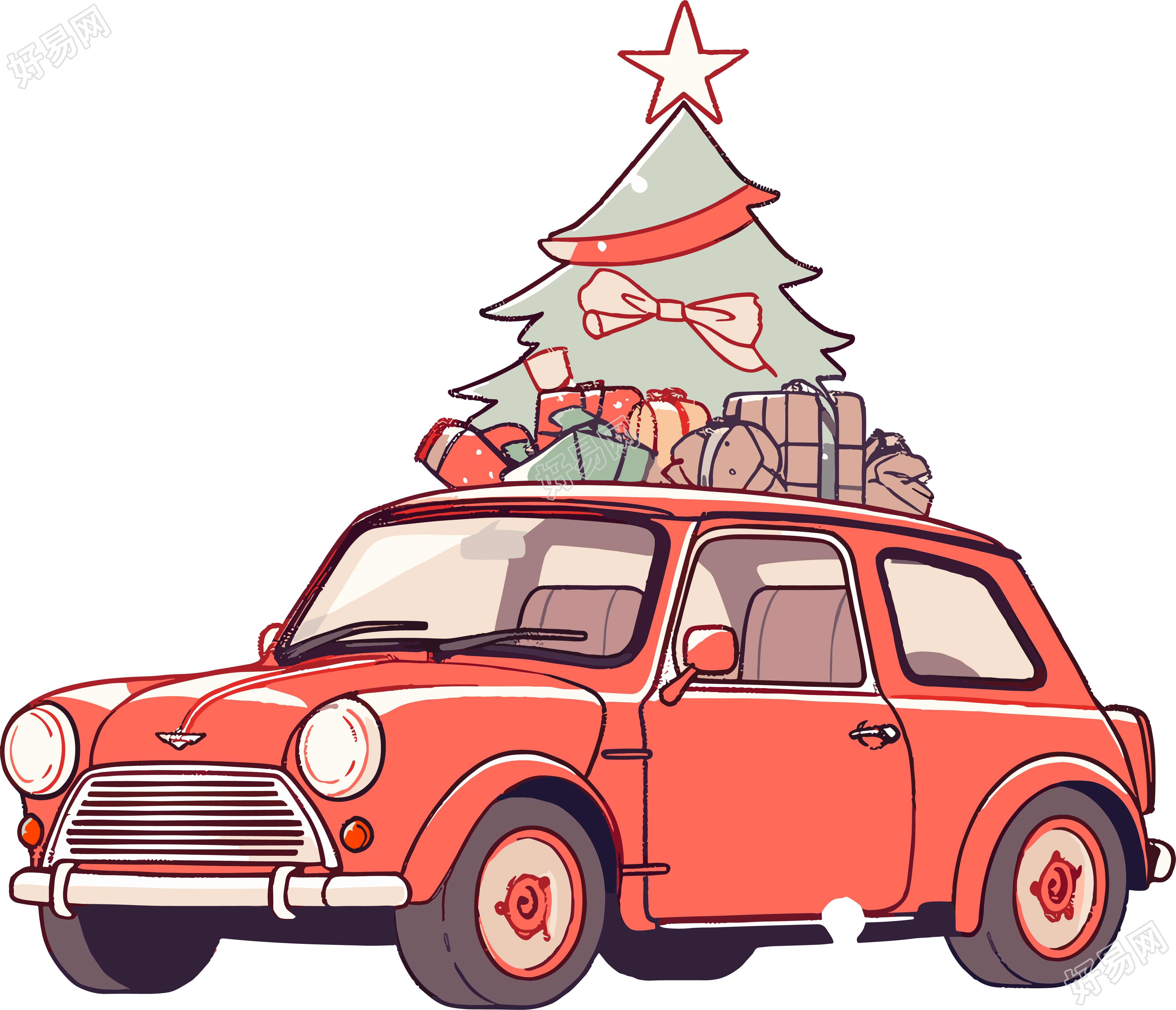 圣诞树和车可商用插画