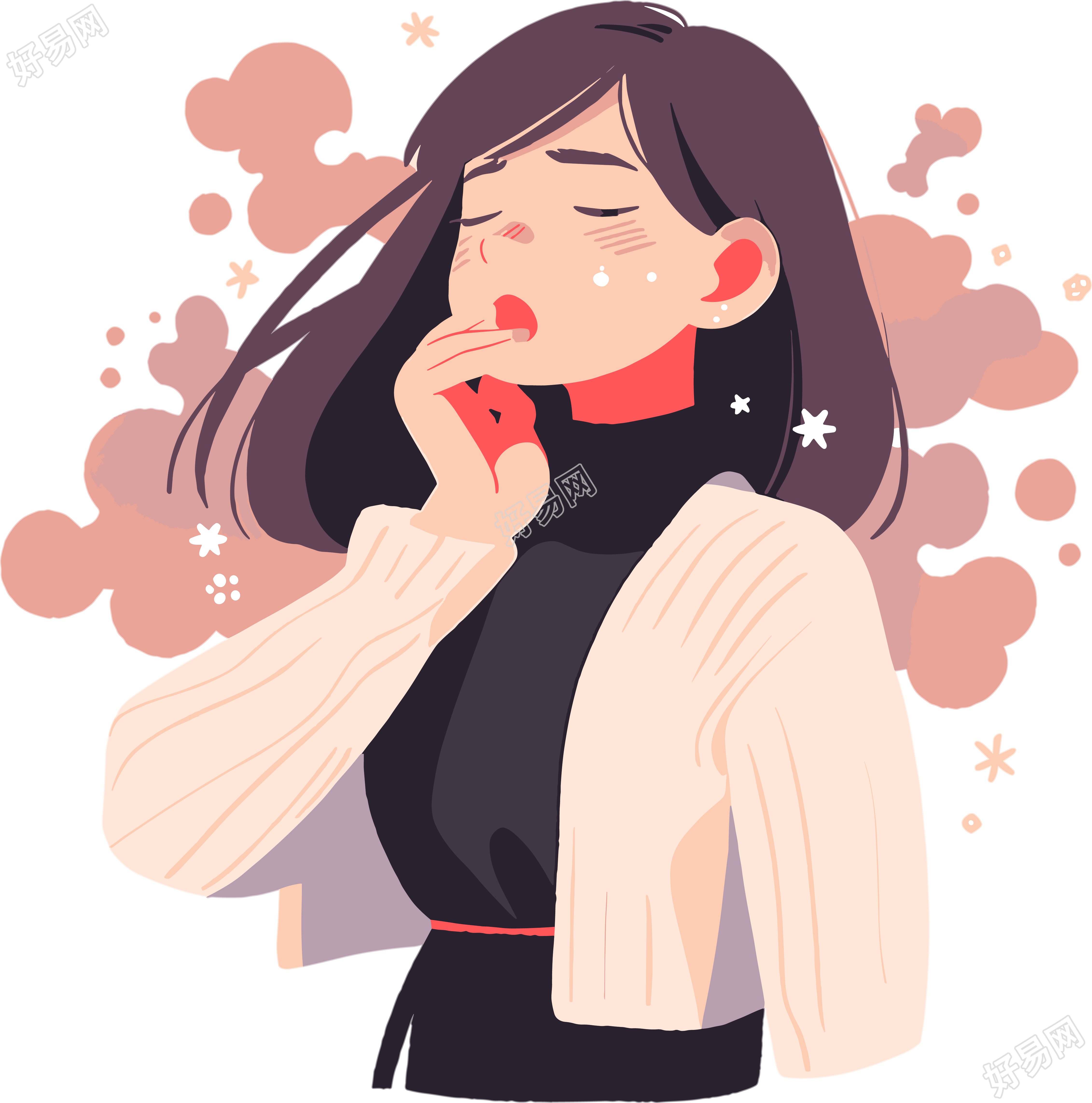 生病女孩咳嗽插画素材