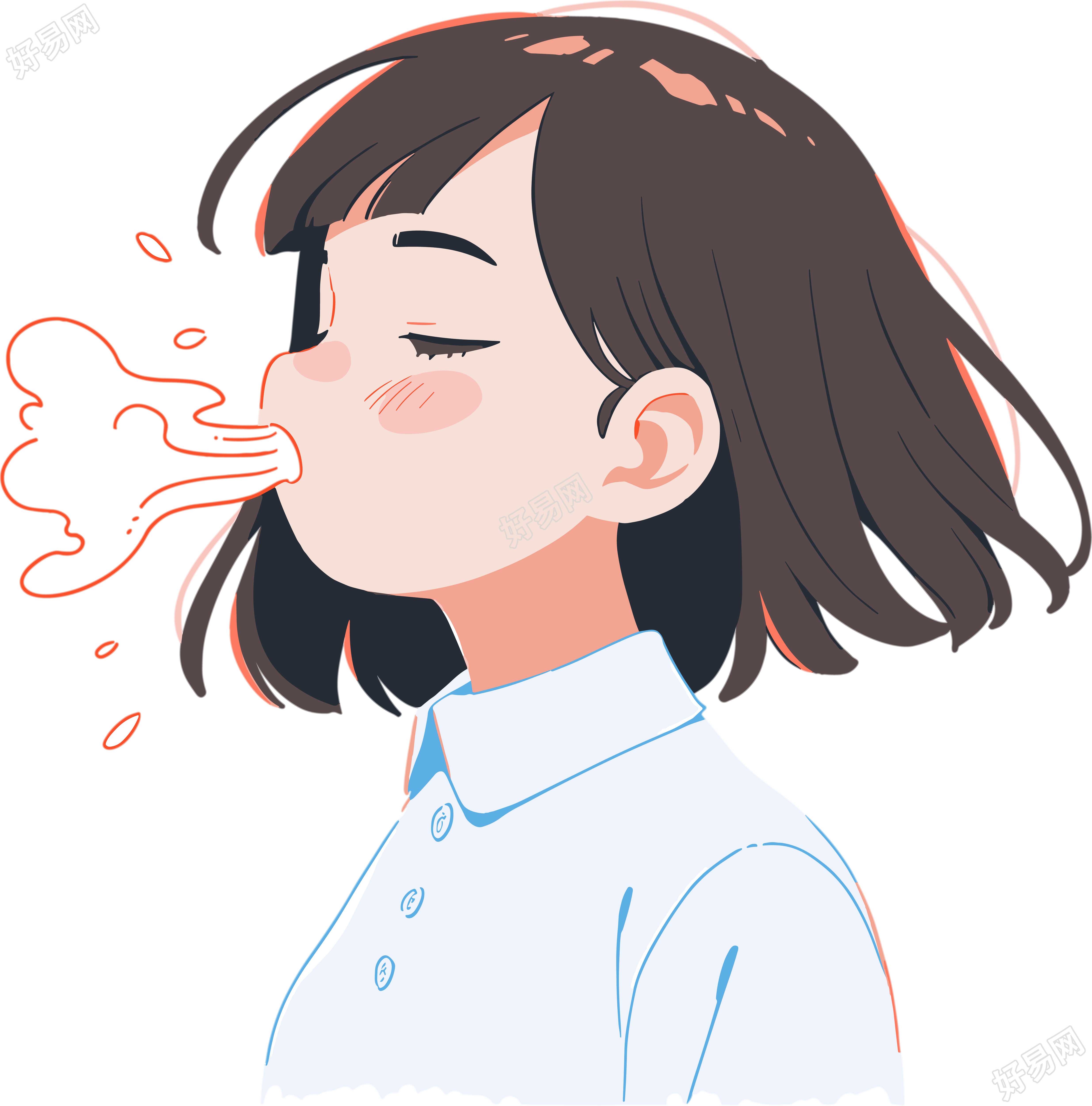 生病女孩咳嗽透明背景插图