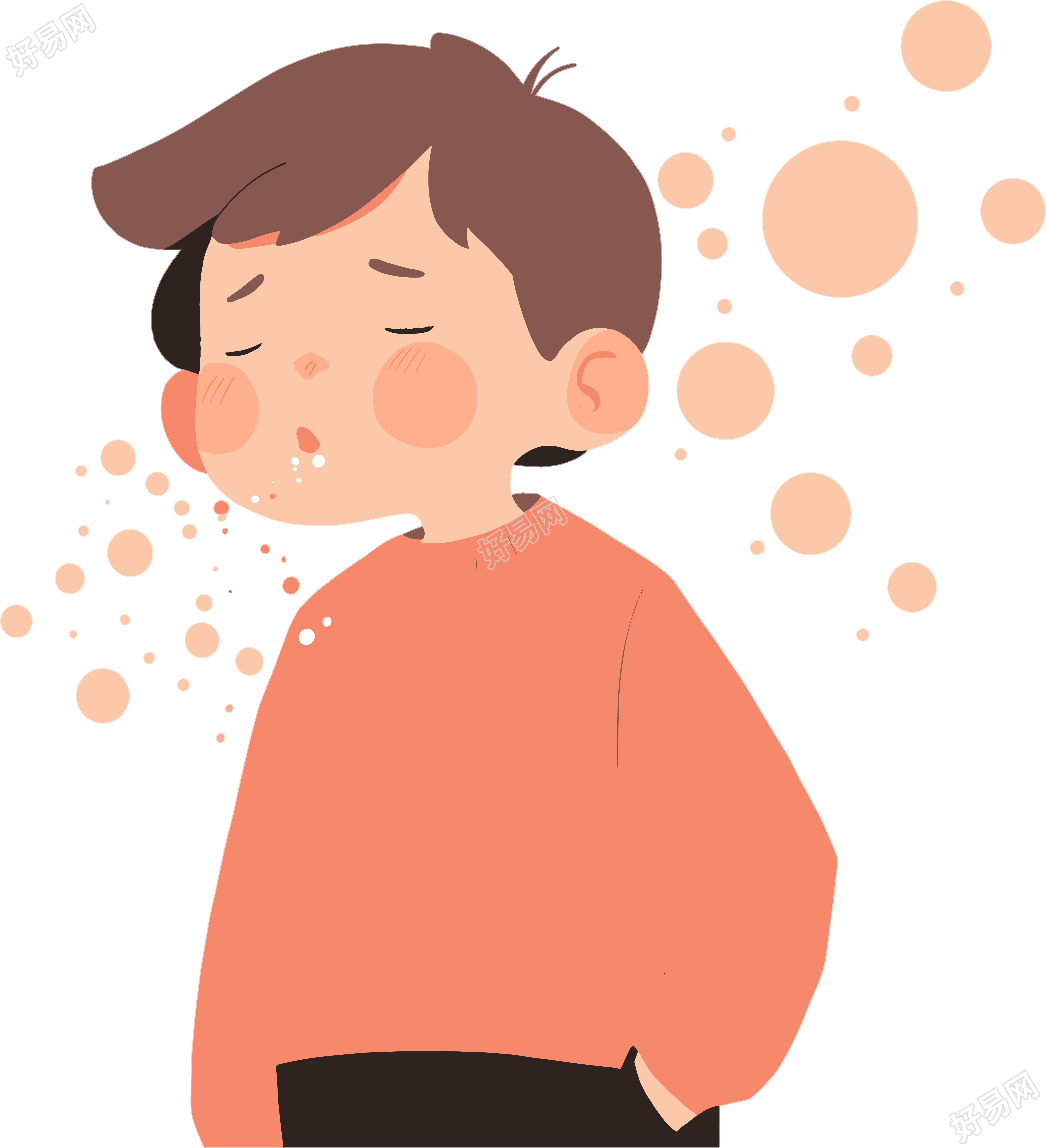 生病男孩咳嗽平面设计插图