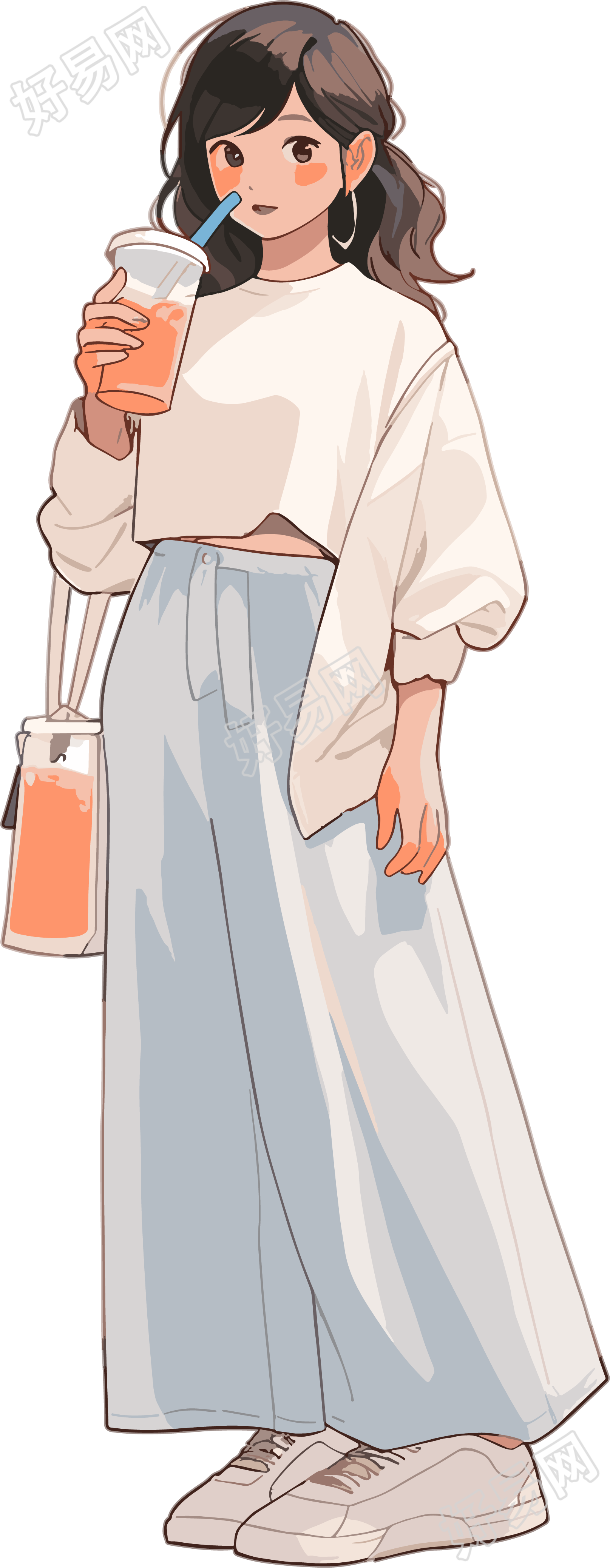 喝奶茶的女生简约设计插画