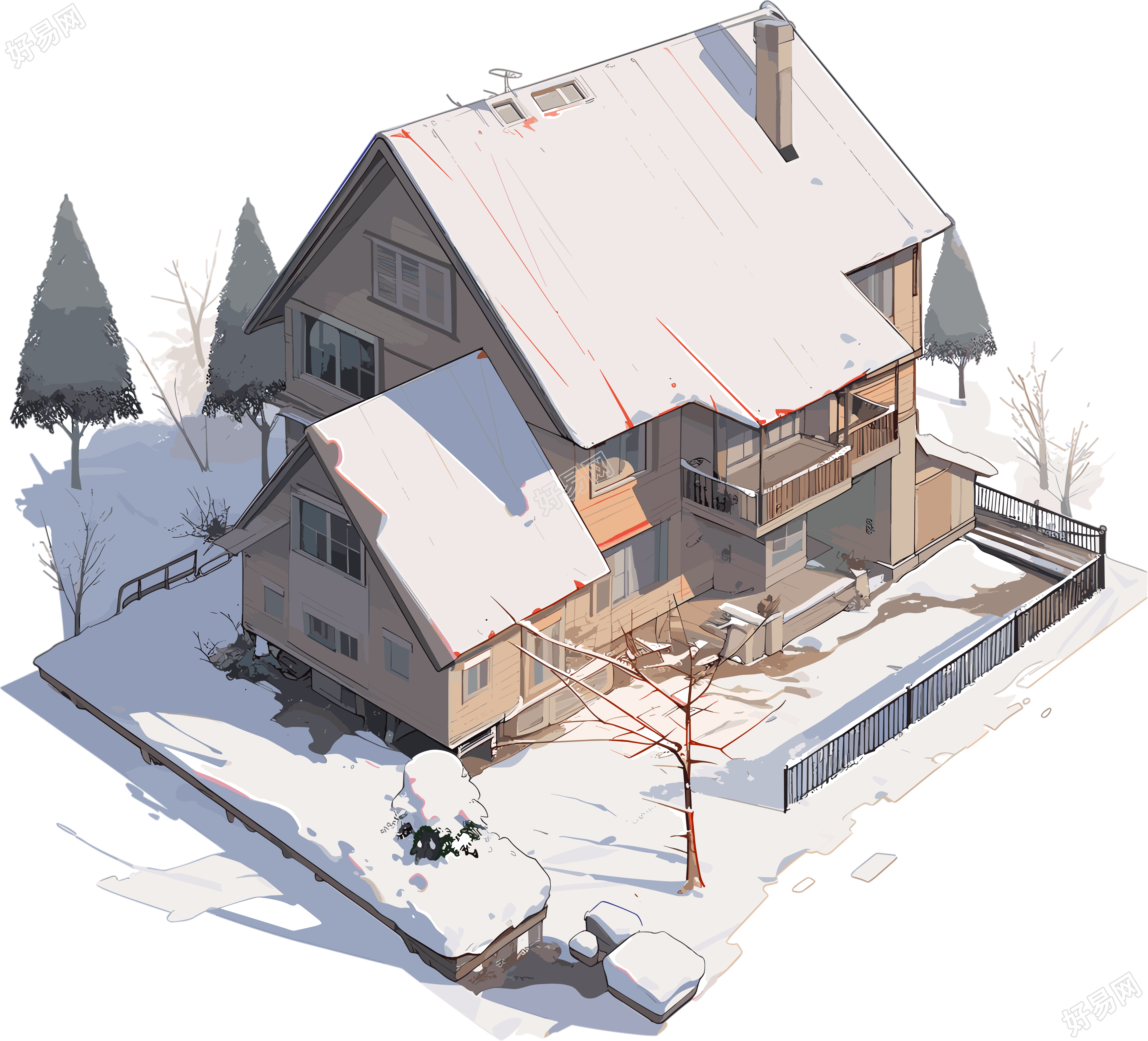 雪地小屋透明背景插画