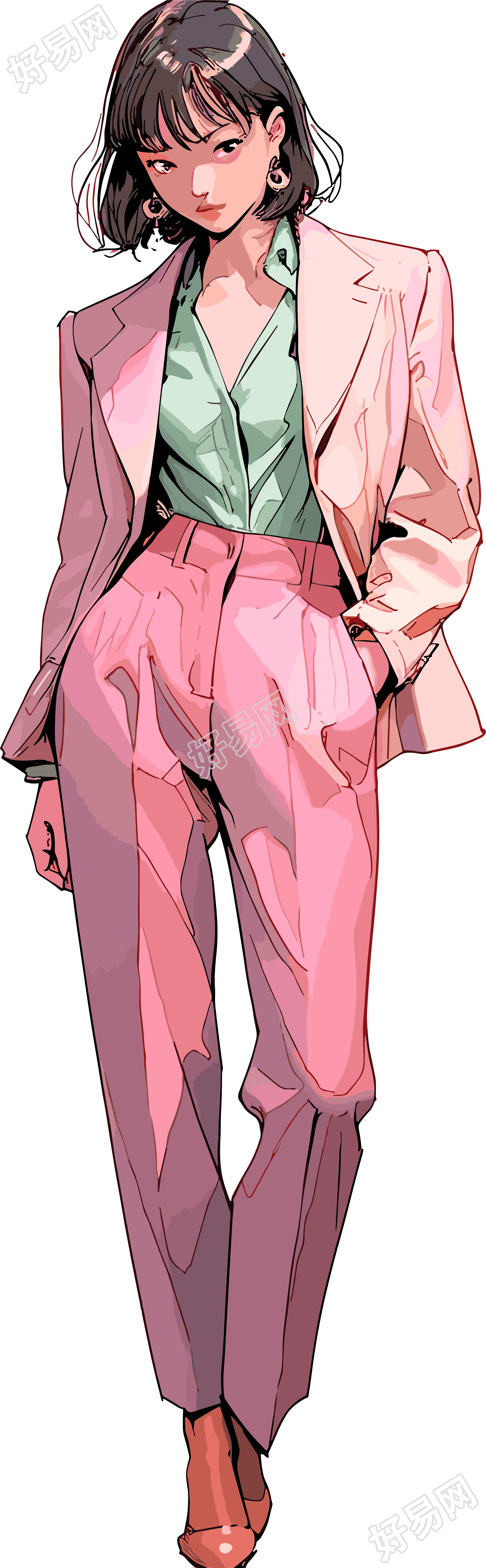 复古女生简约彩插PNG素材