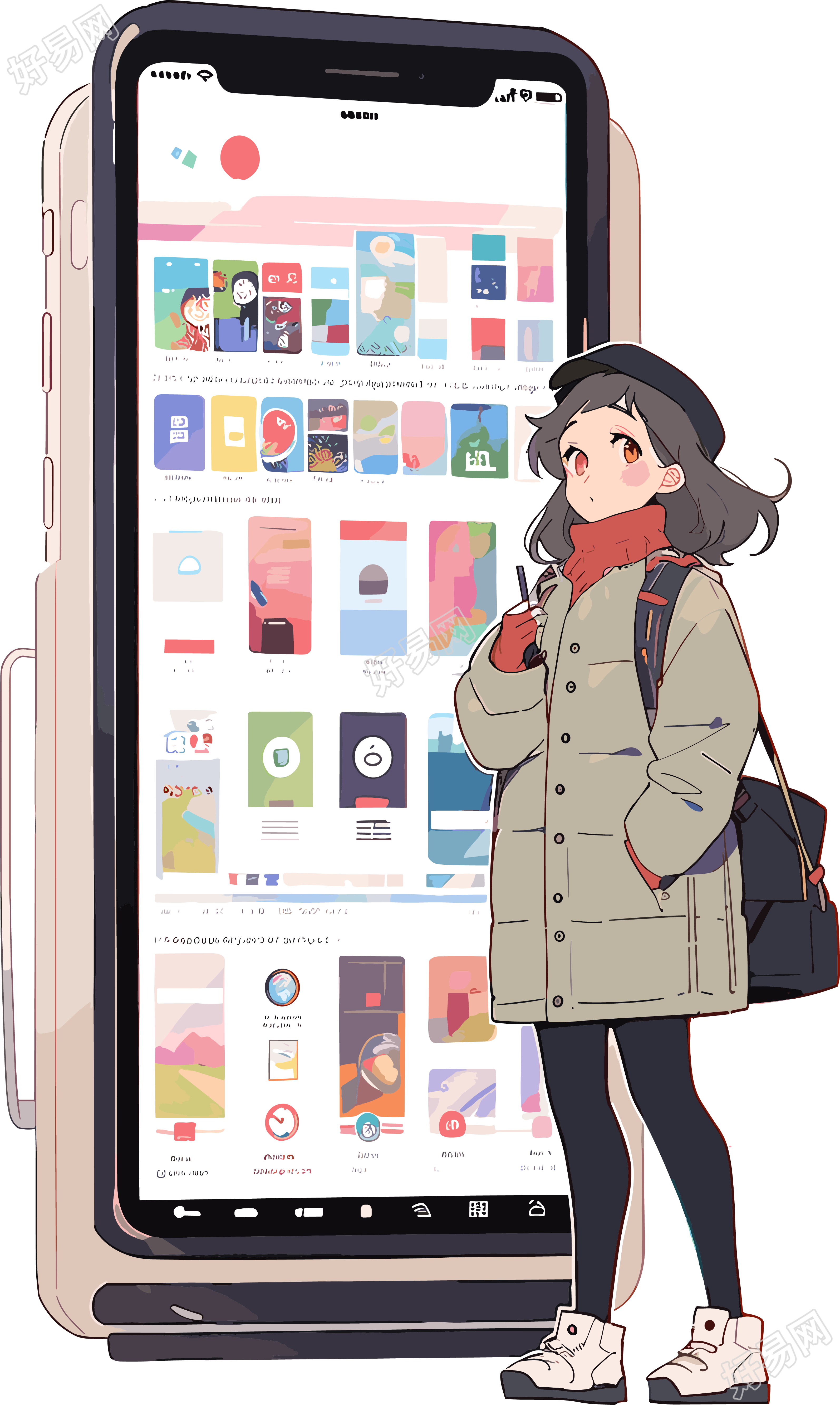 手机购物女孩卡通插画设计