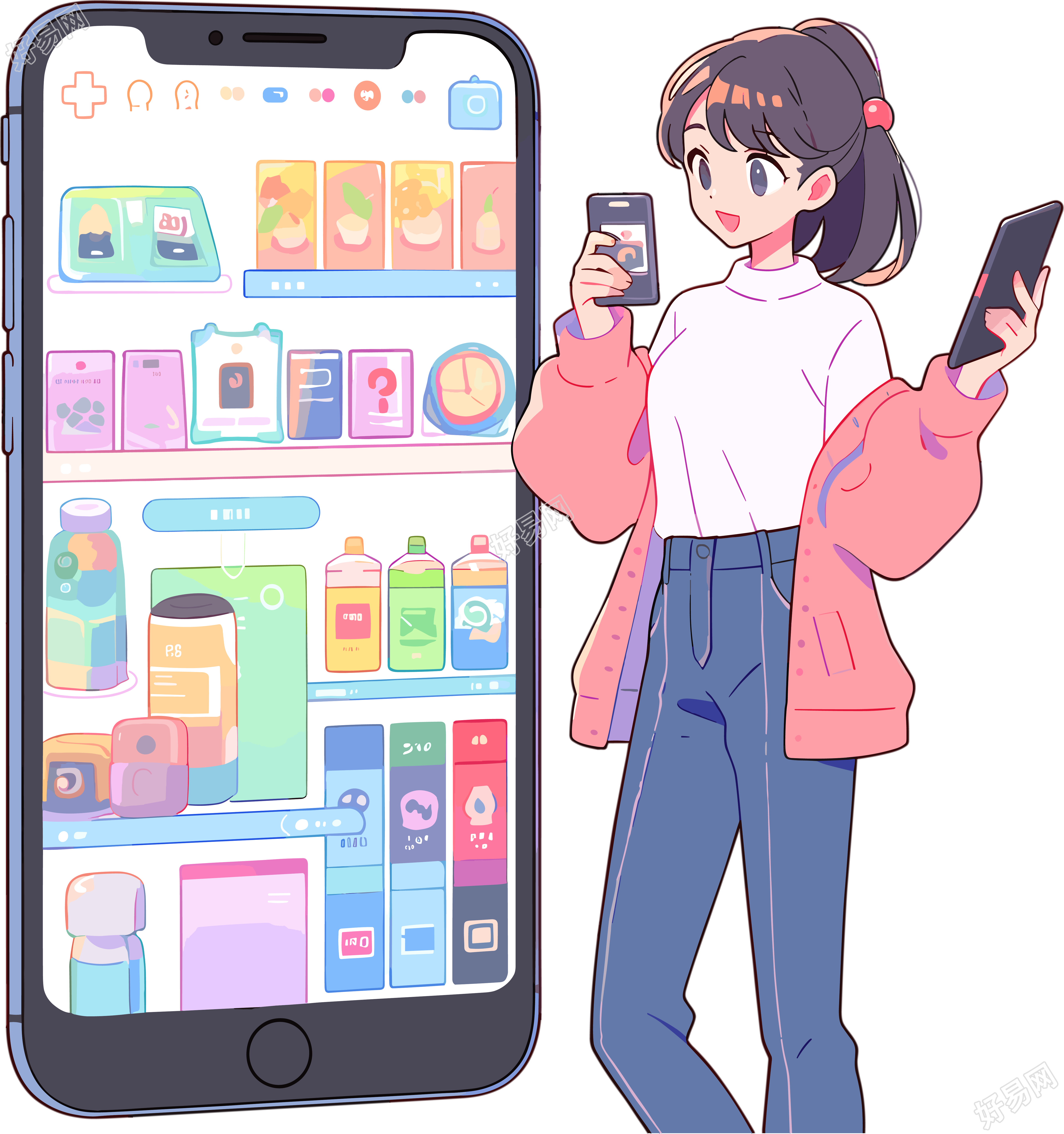 手机购物女孩彩色插画设计元素