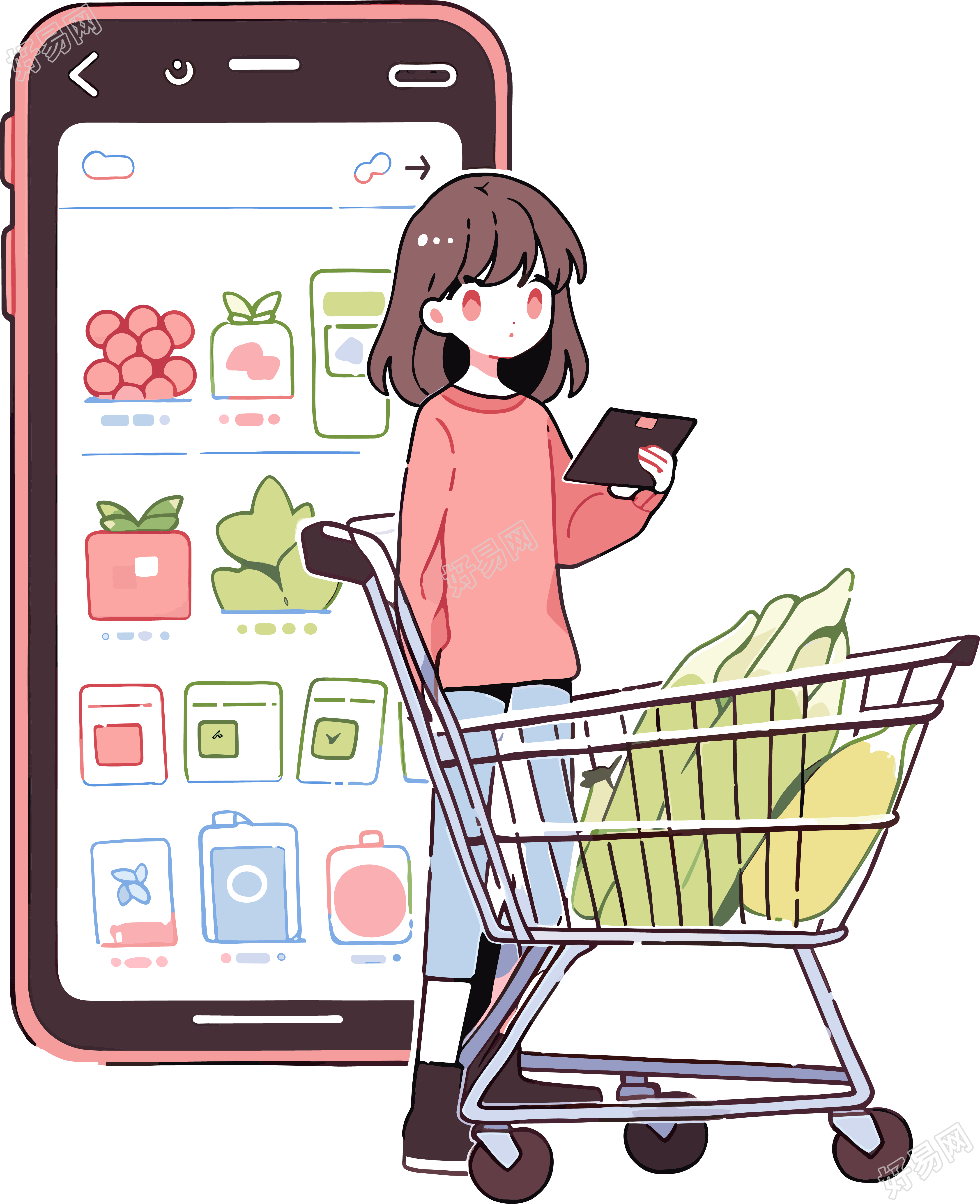 手机购物女孩高清PNG图形插画
