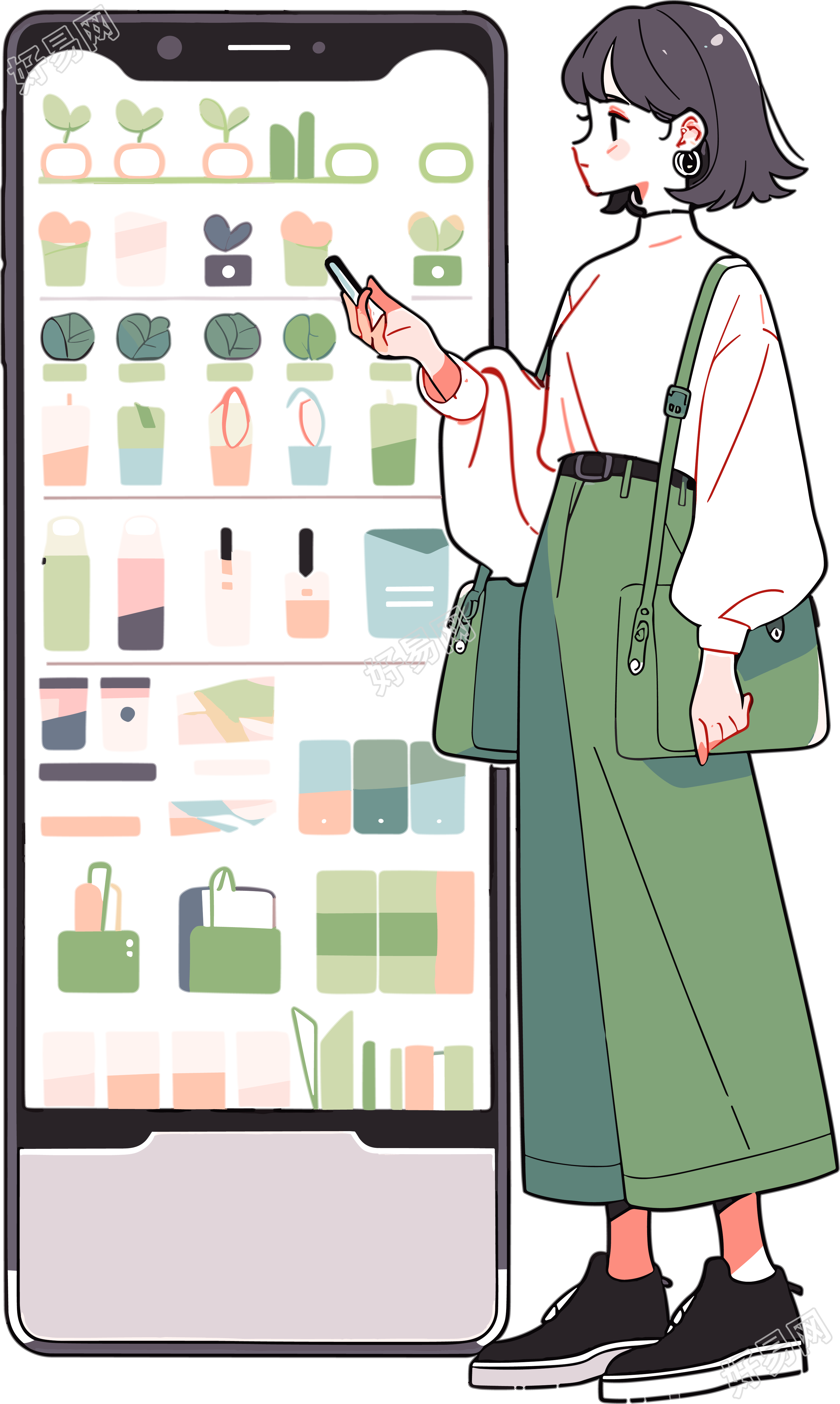 手机购物女孩彩色插图