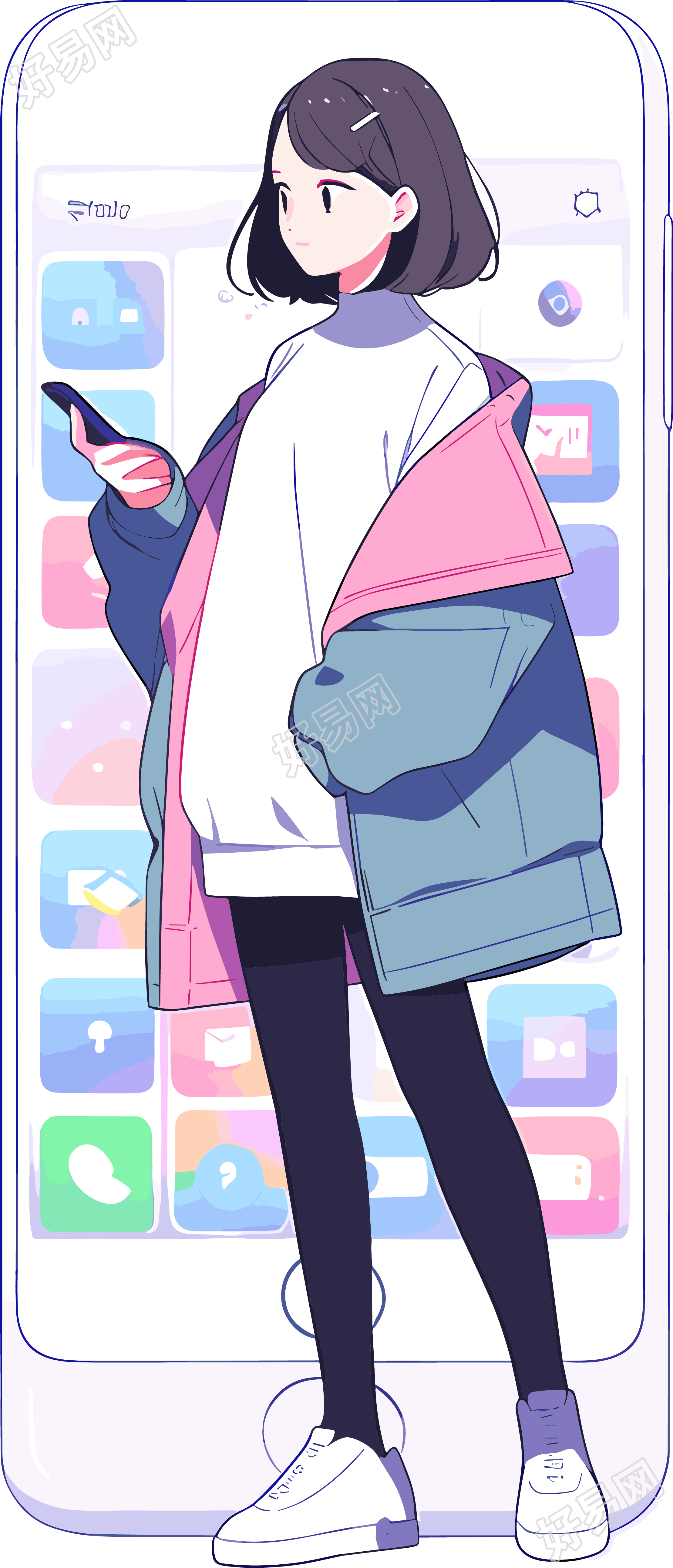 手机购物女孩高清插画设计素材PNG
