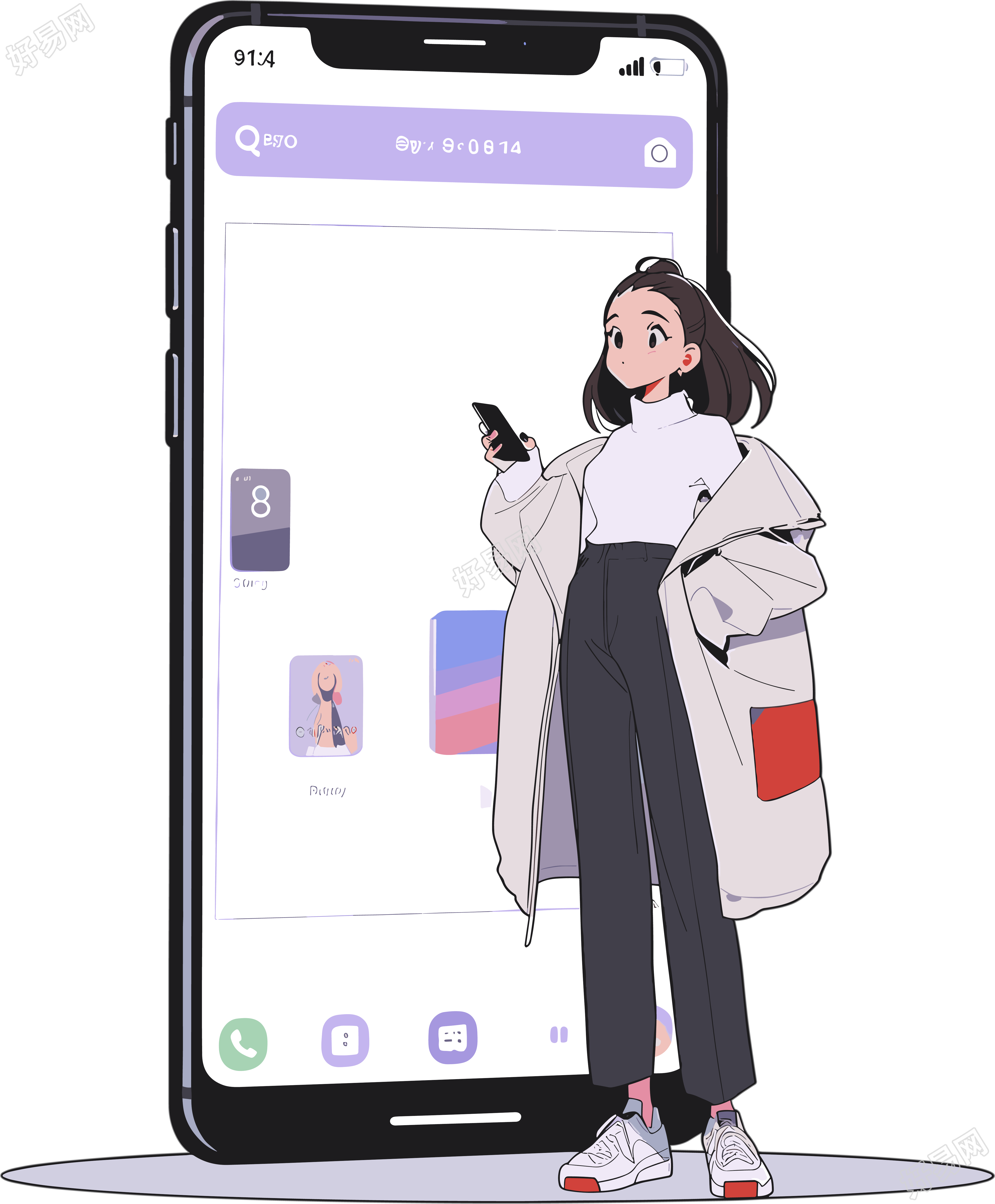 手机购物女孩插画设计素材