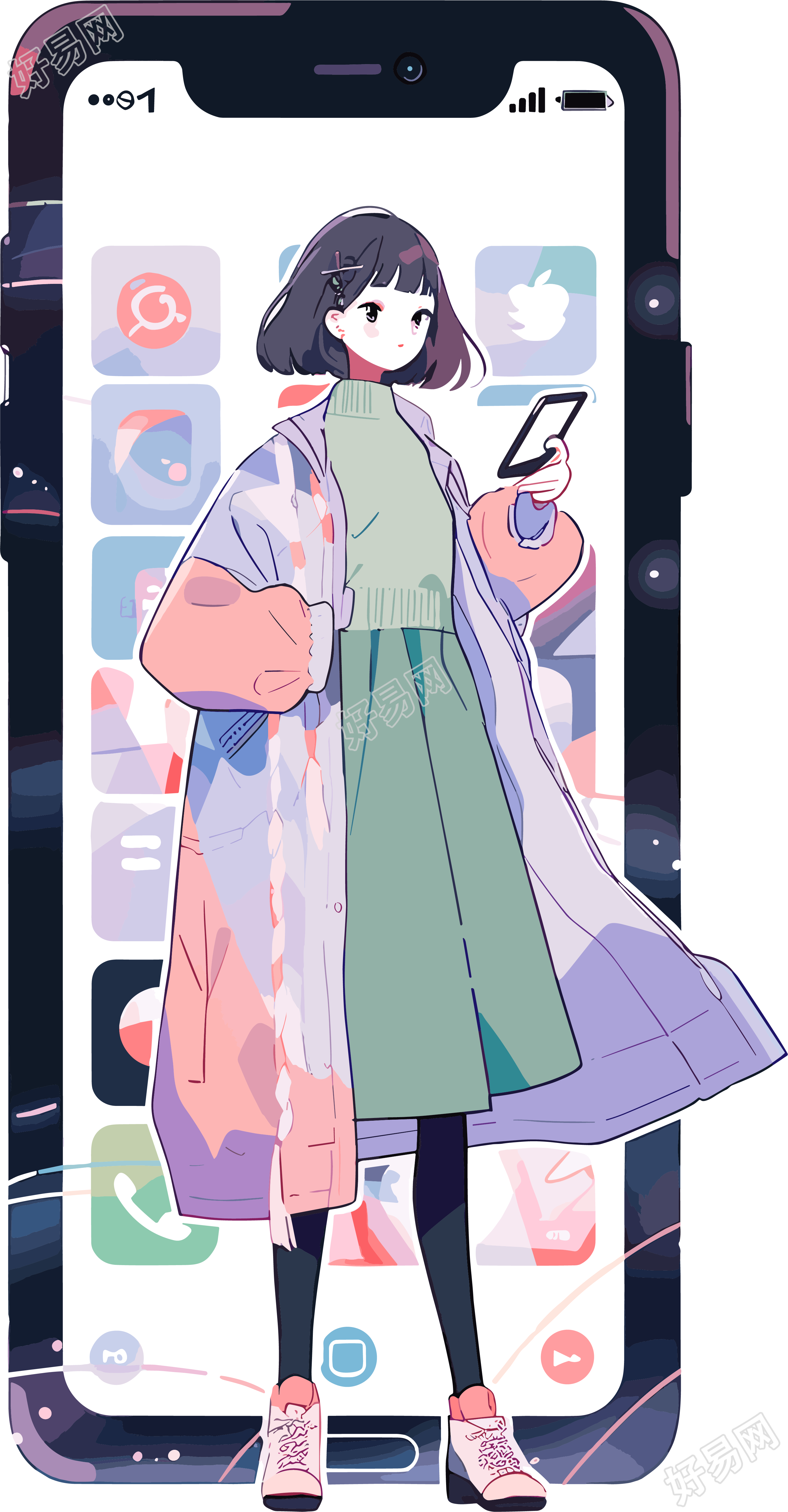 手机购物女孩高清插画设计素材