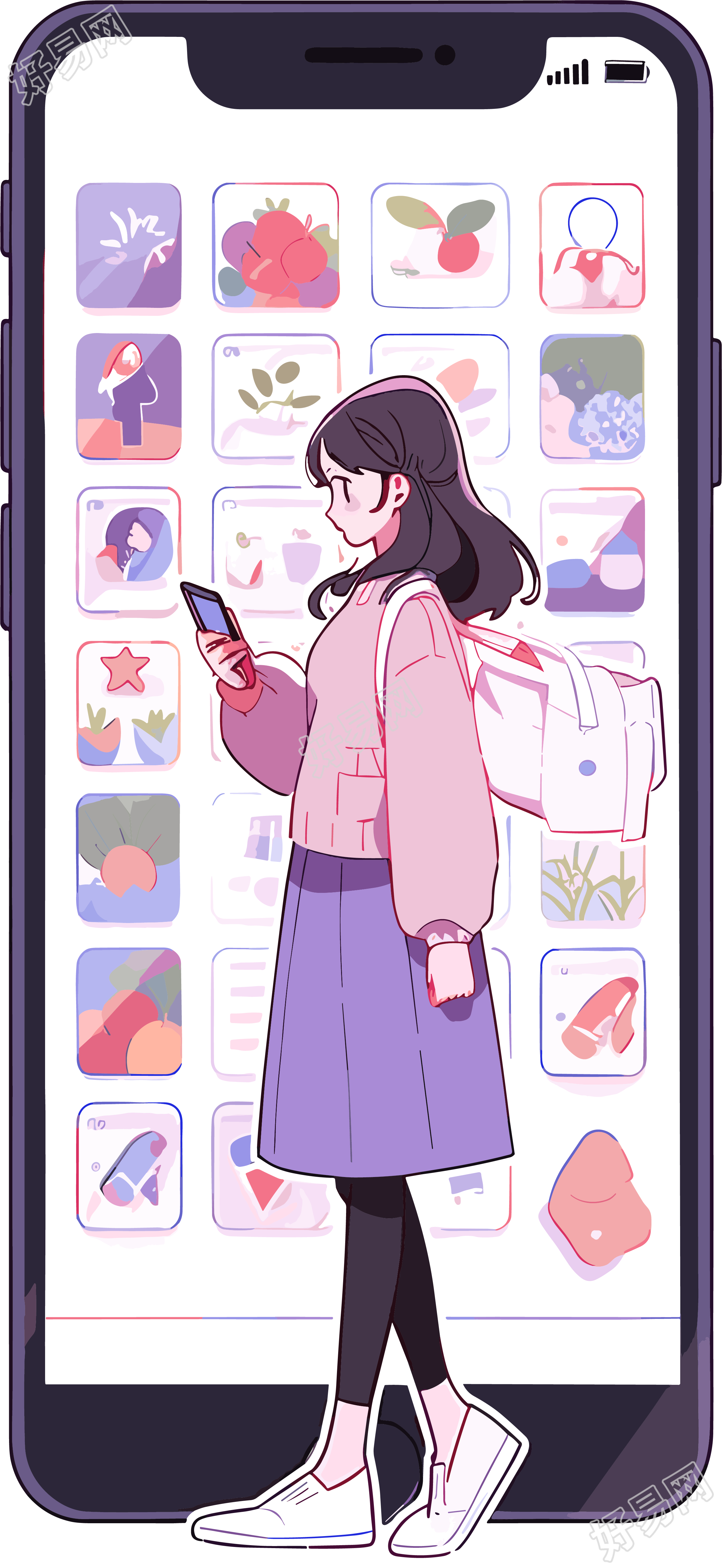 手机购物女孩简洁时尚矢量插画