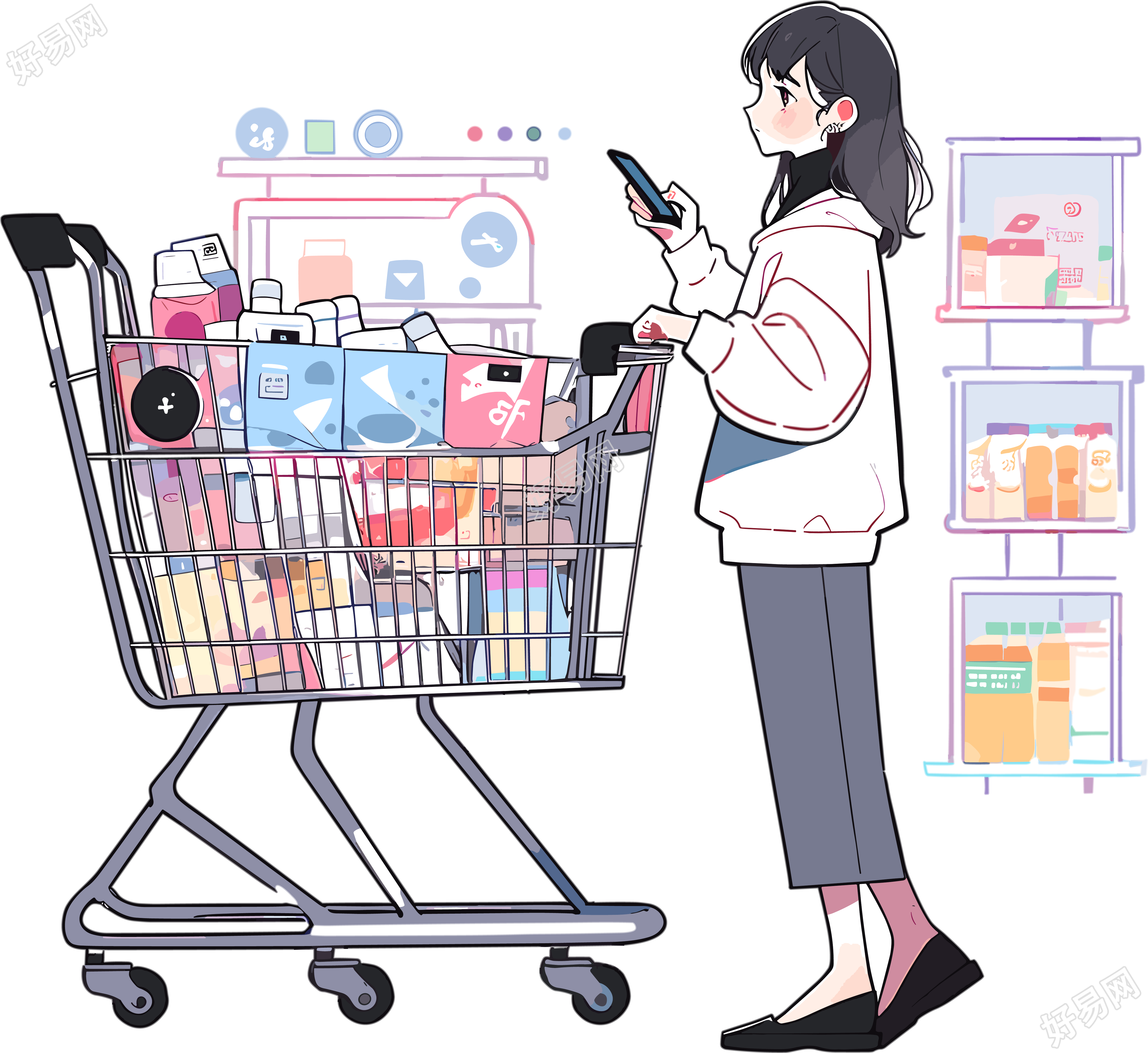 手机购物女孩简洁时尚插图