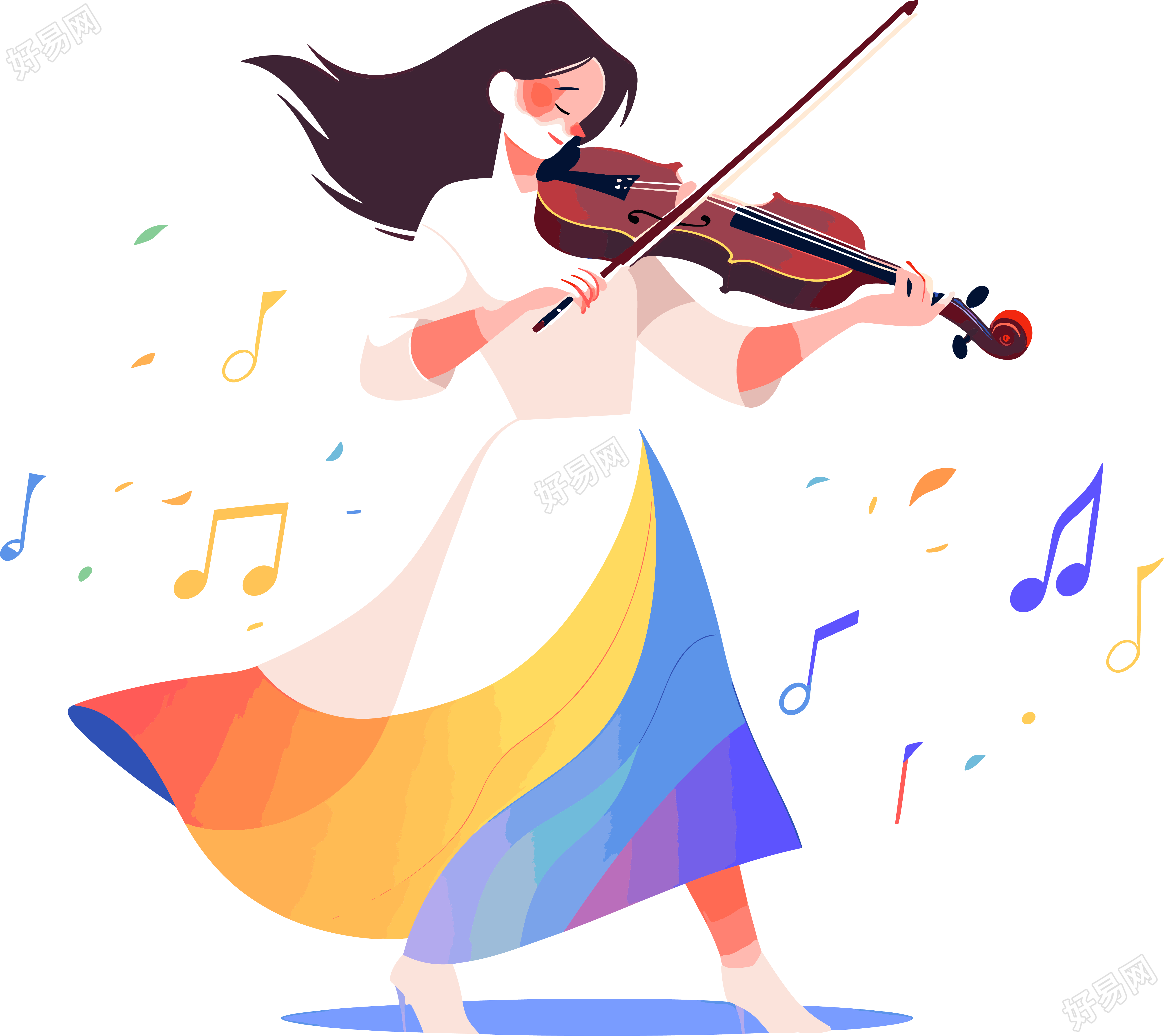 拉小提琴的女生彩色插图