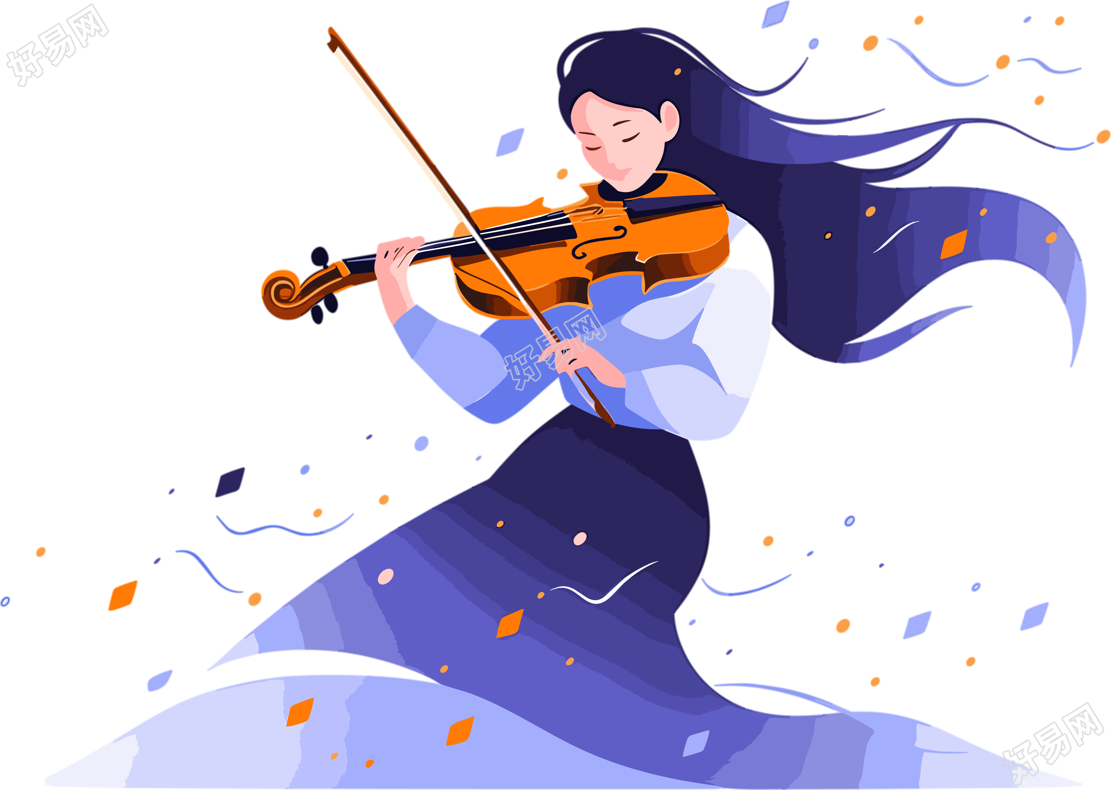 拉小提琴的女生彩色插画设计素材