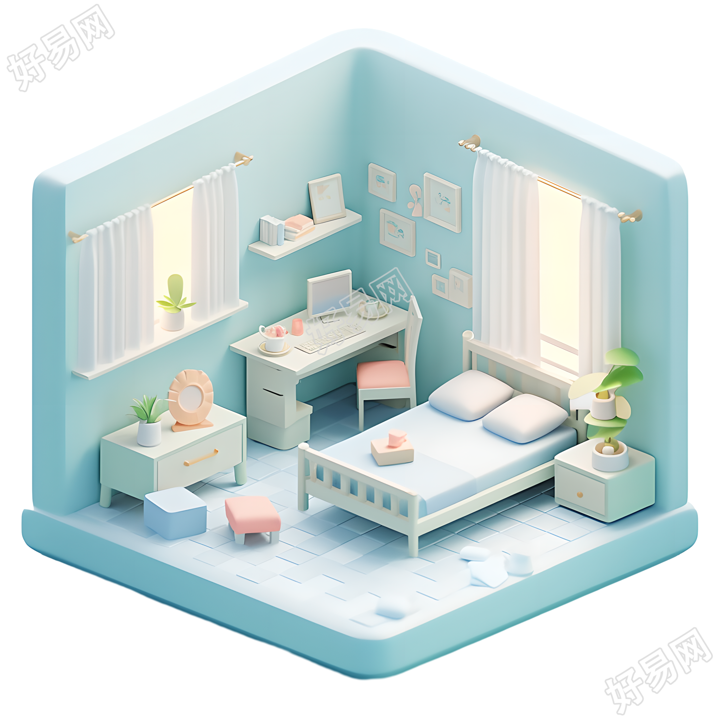 3D卧室可商用的迷你景观插画